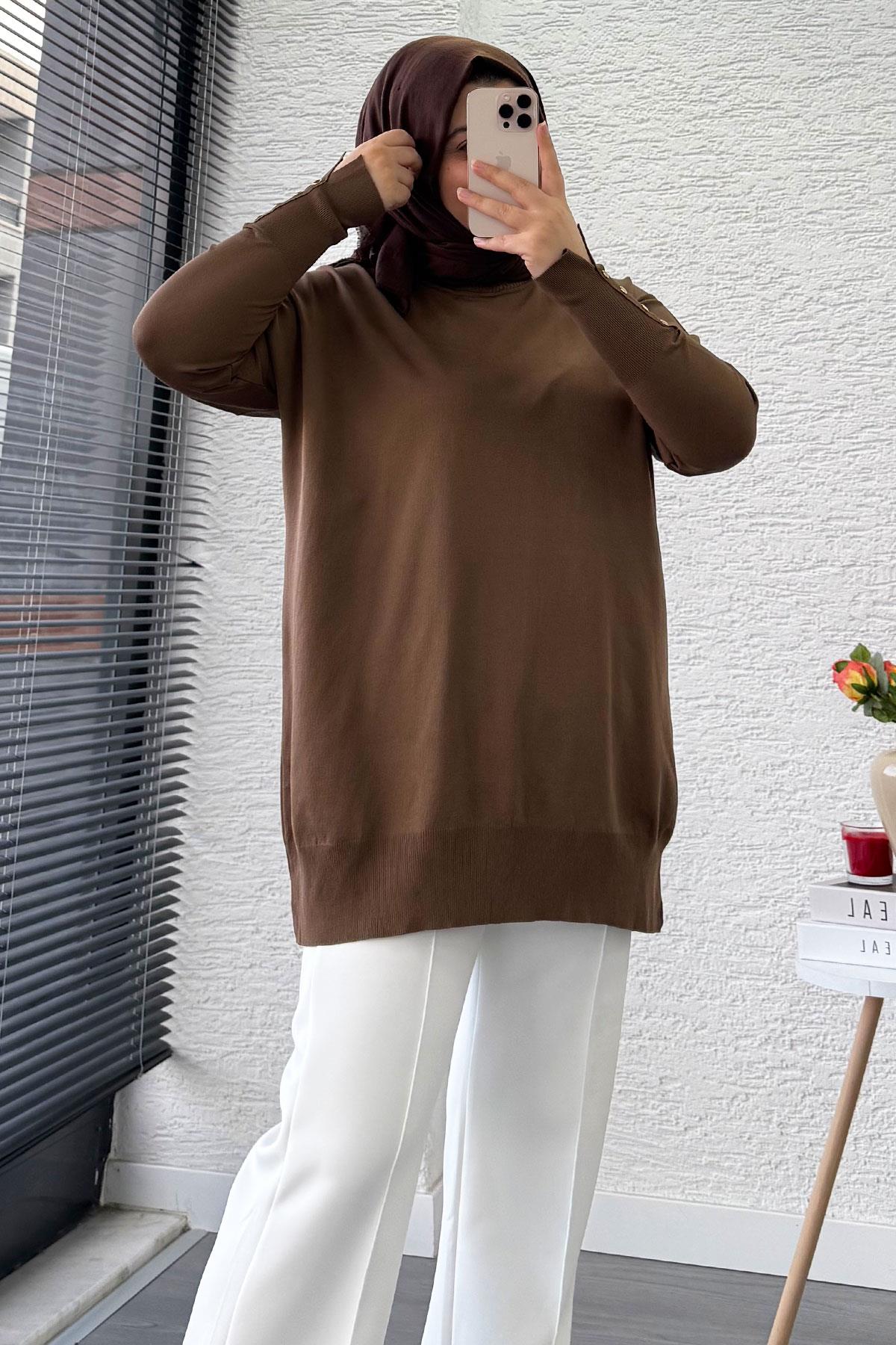 Kolu Düğme Detaylı Merserize Kadın Tunik – Kahverengi