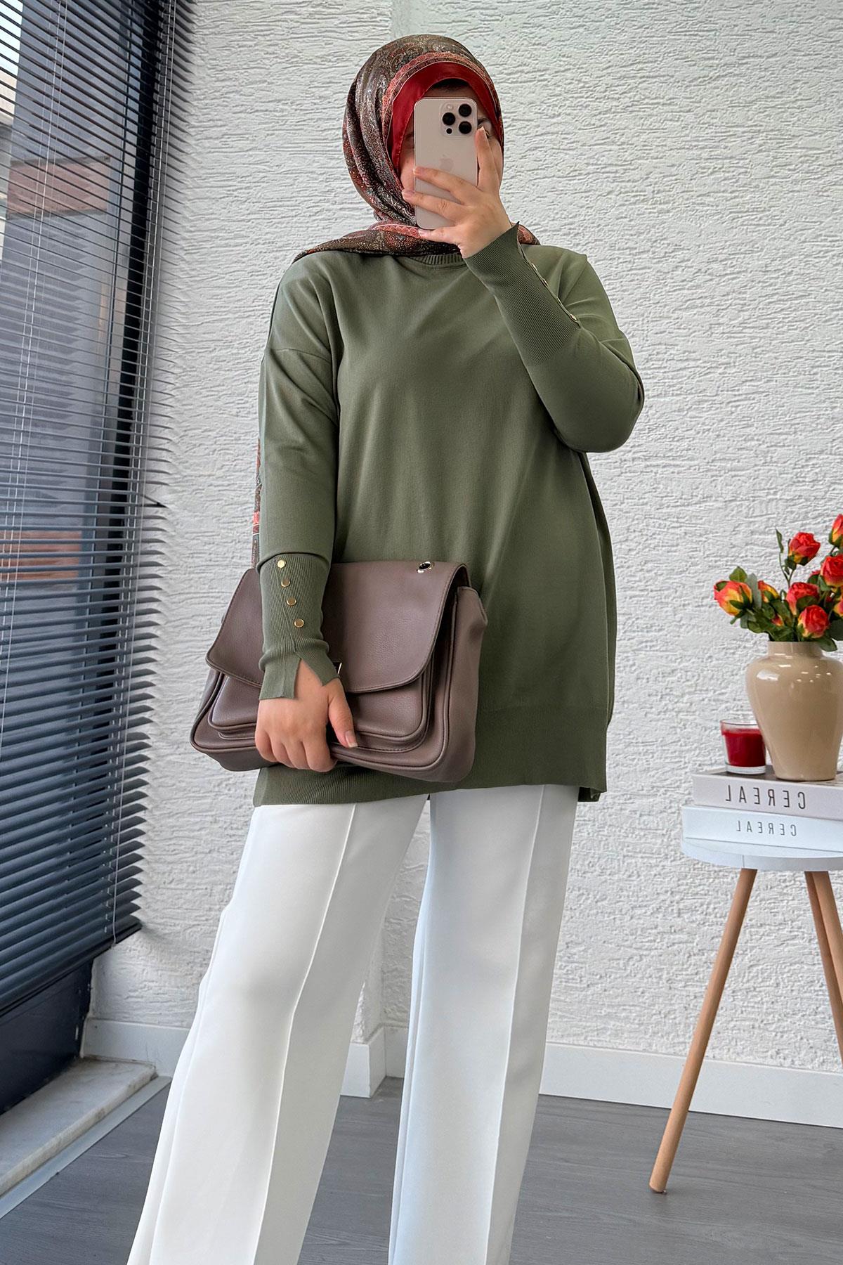 Kolu Düğme Detaylı Merserize Kadın Tunik – Haki