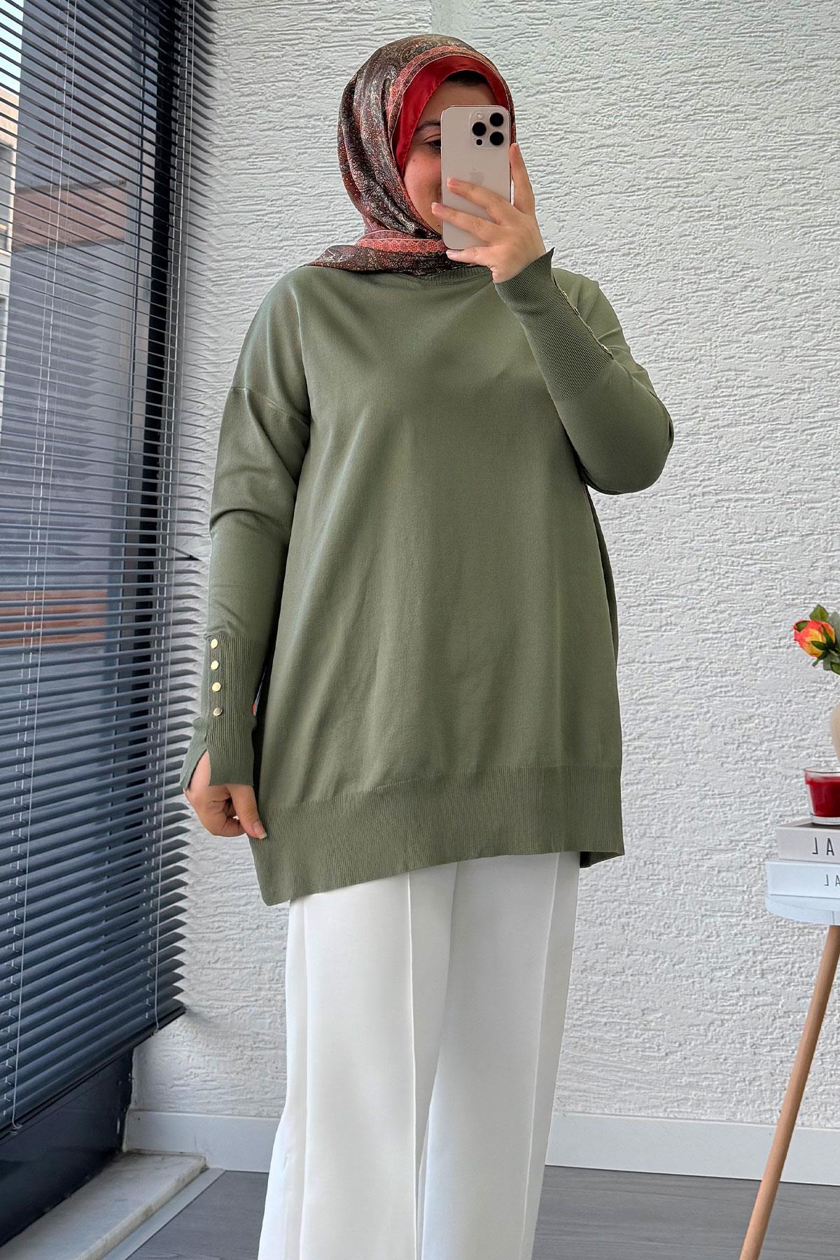 Kolu Düğme Detaylı Merserize Kadın Tunik – Haki