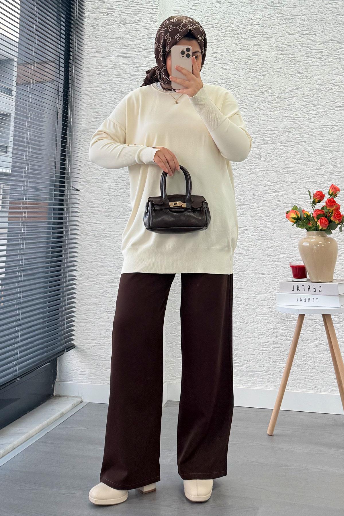 Kolu Düğme Detaylı Merserize Kadın Tunik –Ekru