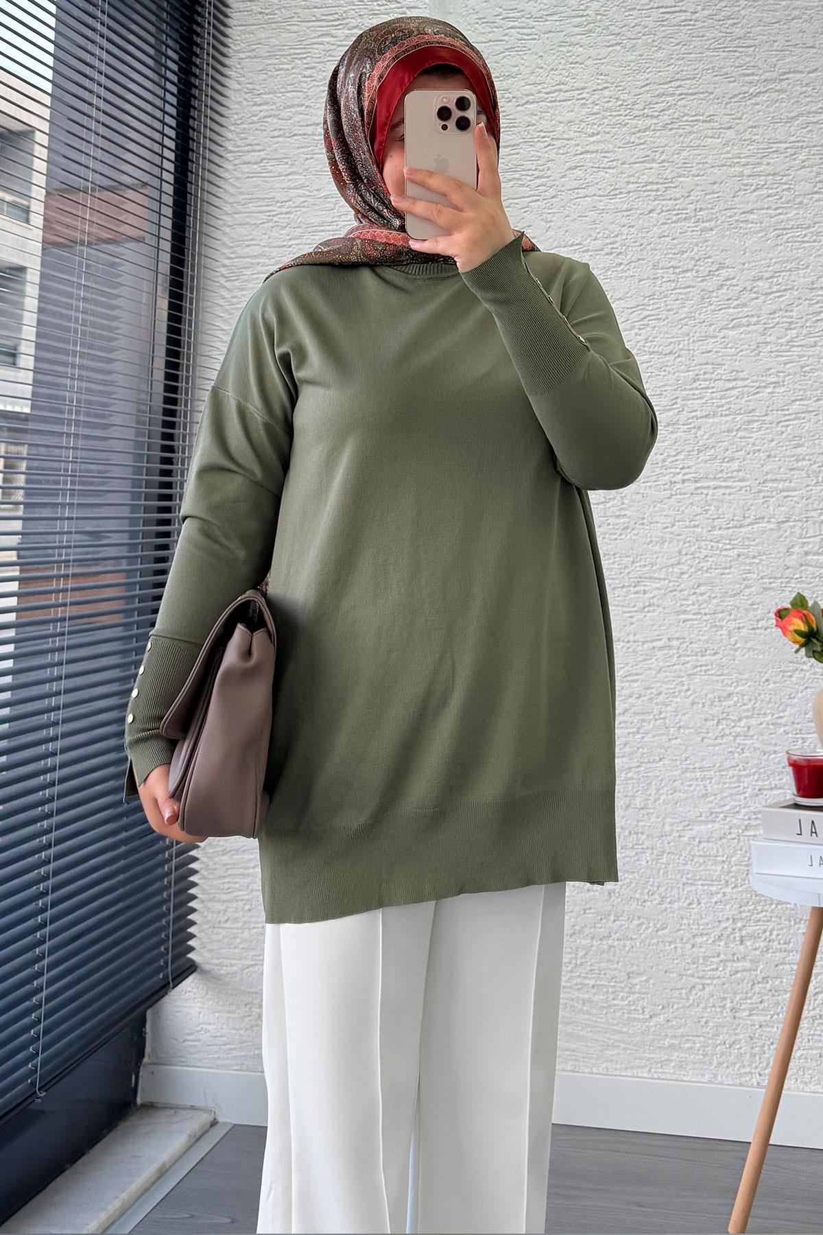 Kolu Düğme Detaylı Merserize Kadın Tunik – Haki