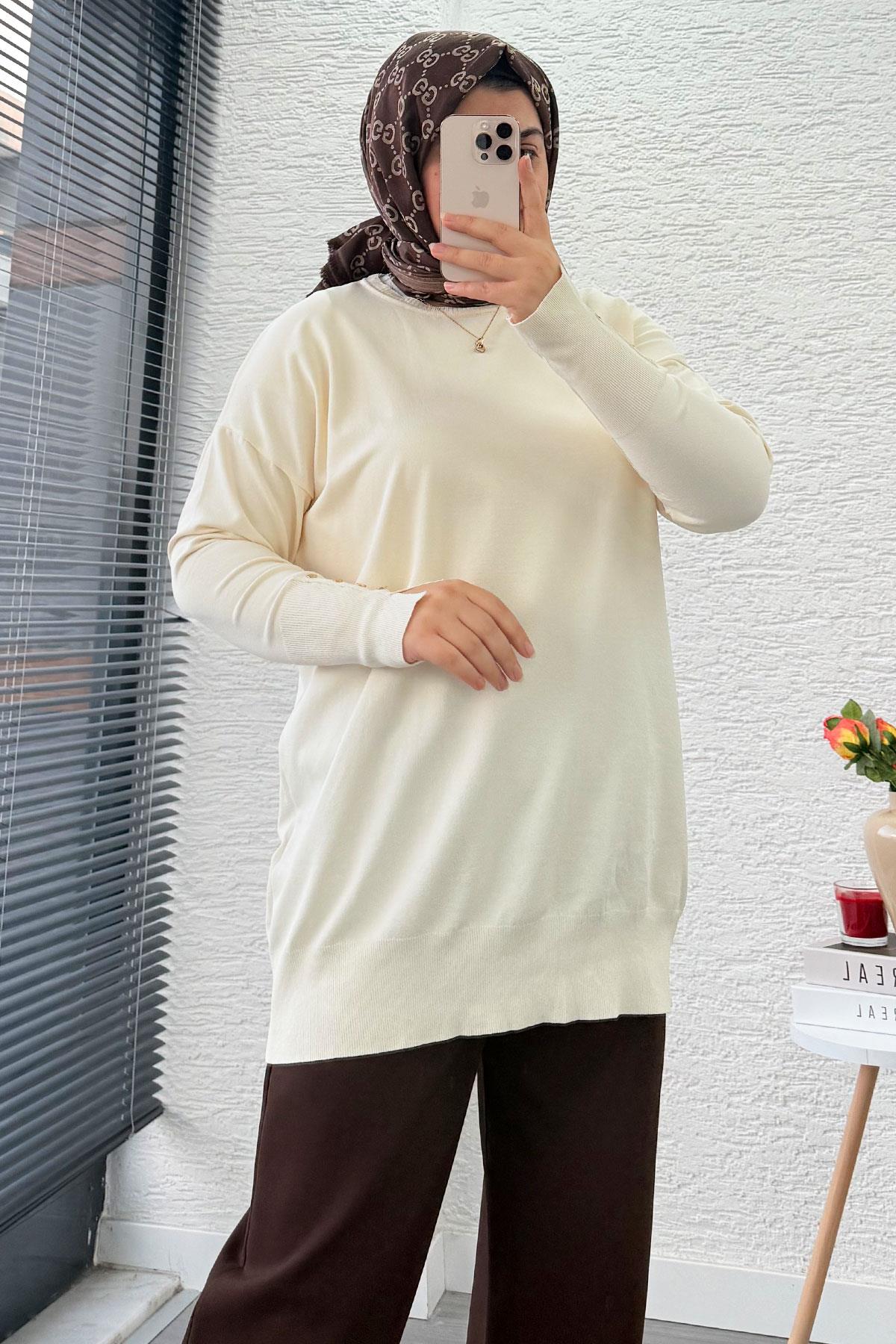 Kolu Düğme Detaylı Merserize Kadın Tunik –Ekru