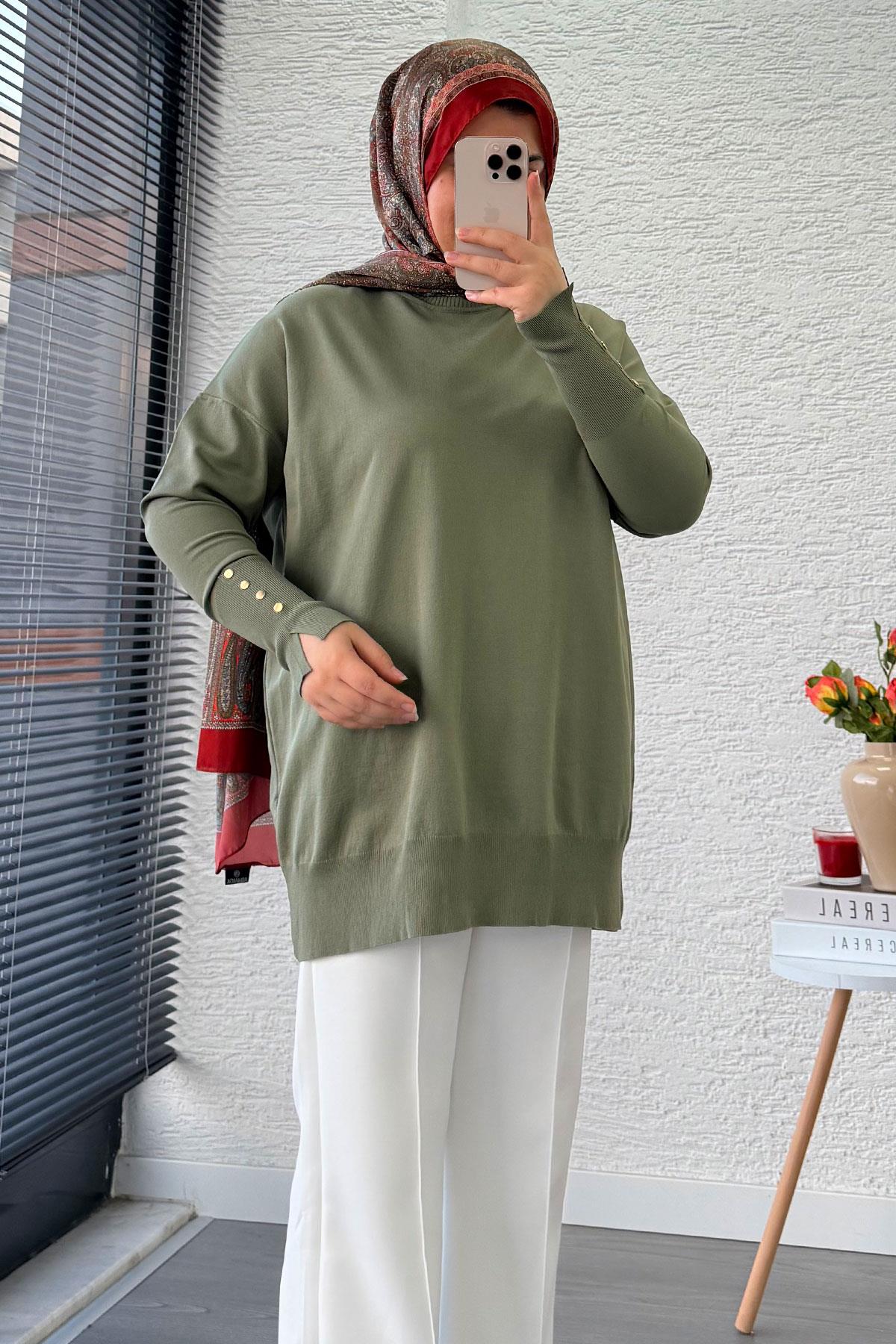 Kolu Düğme Detaylı Merserize Kadın Tunik – Haki