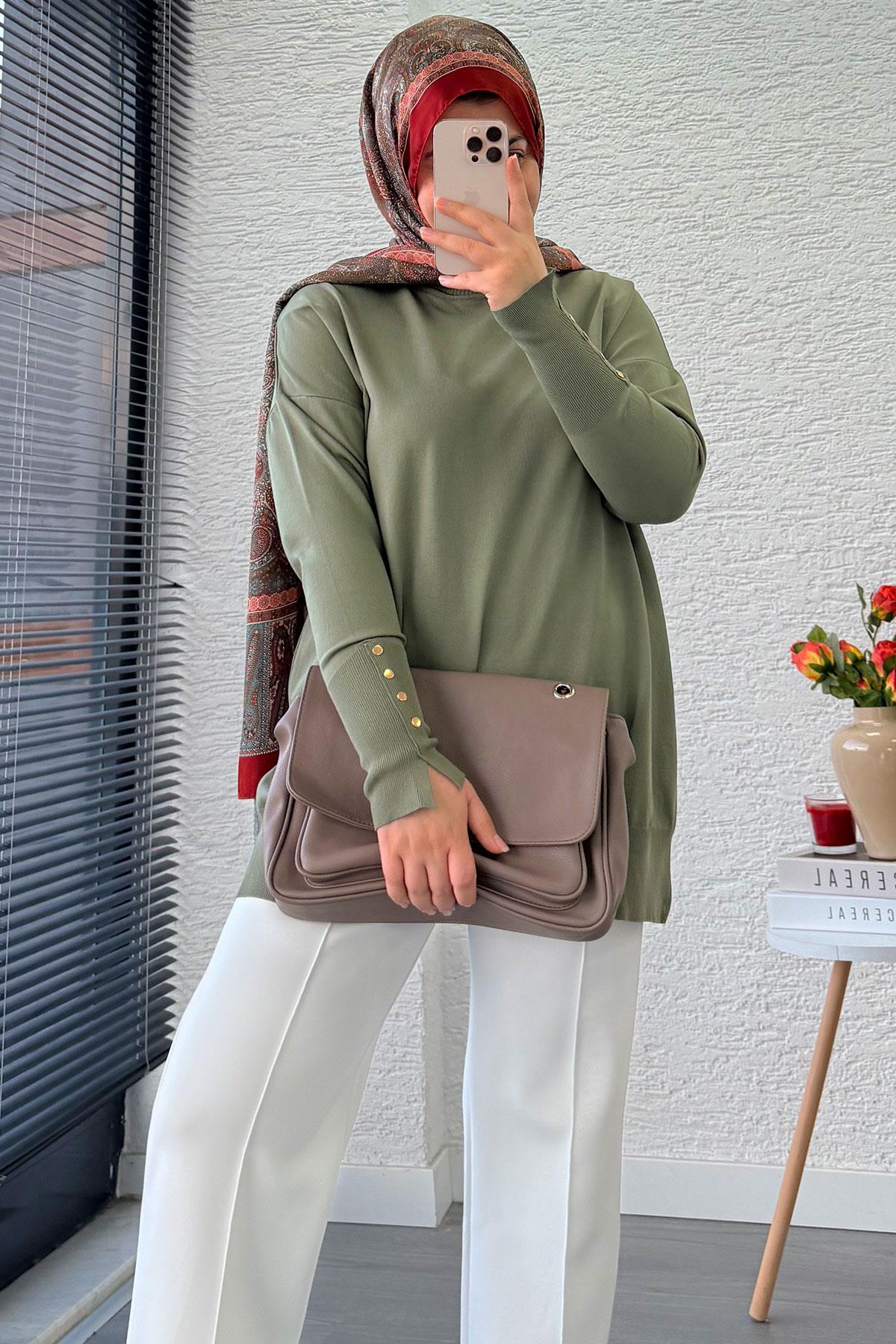 Kolu Düğme Detaylı Merserize Kadın Tunik – Haki