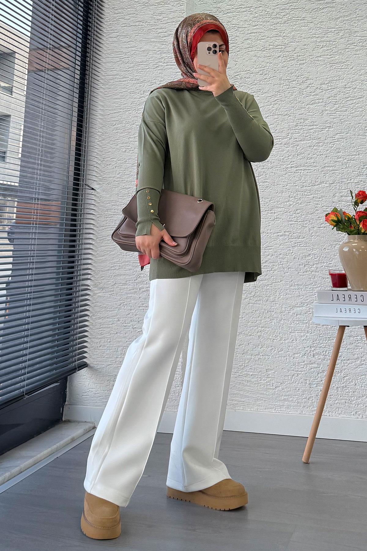 Kolu Düğme Detaylı Merserize Kadın Tunik – Haki