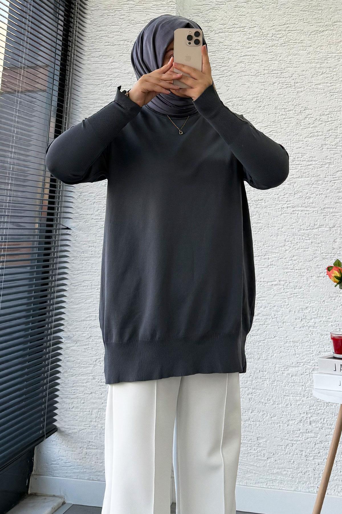 Kolu Düğme Detaylı Merserize Kadın Tunik – Antrasit