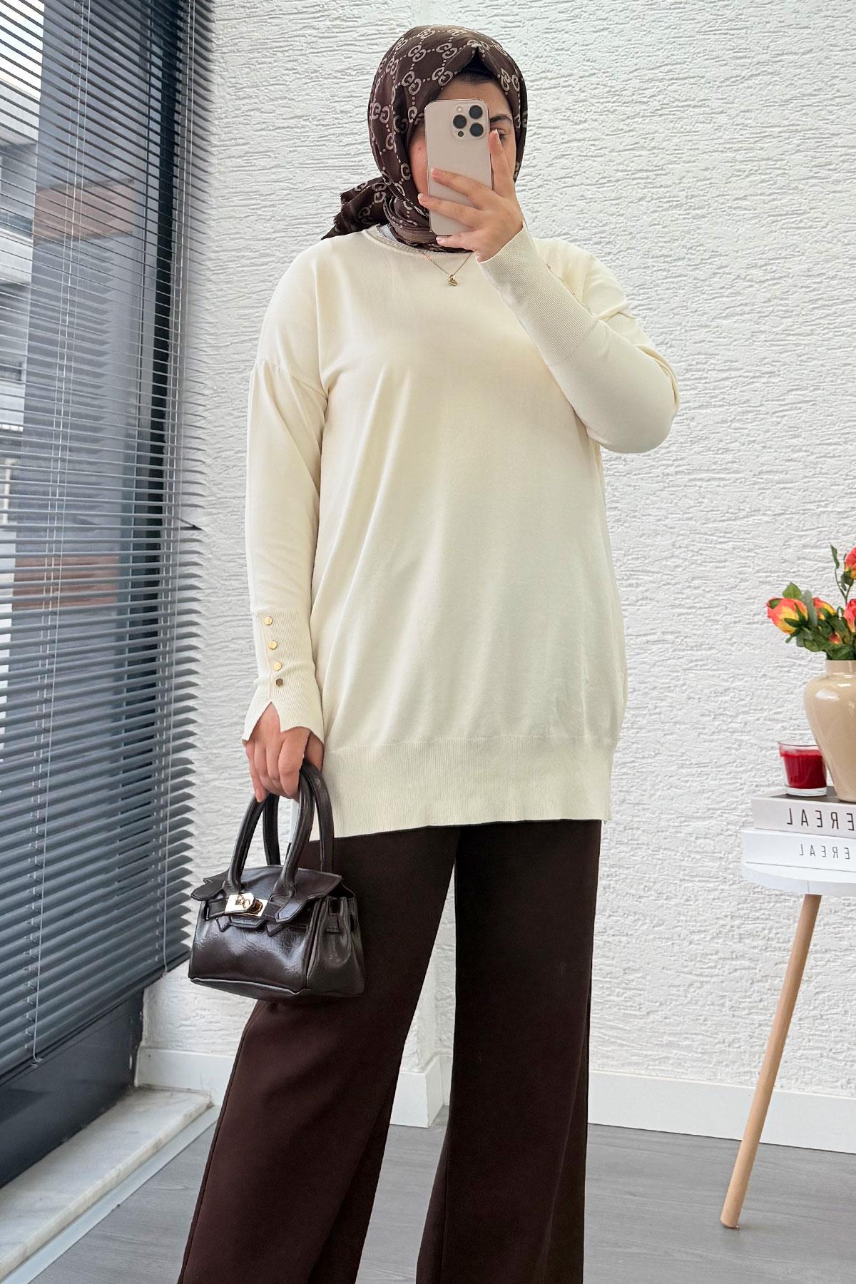 Kolu Düğme Detaylı Merserize Kadın Tunik –Ekru