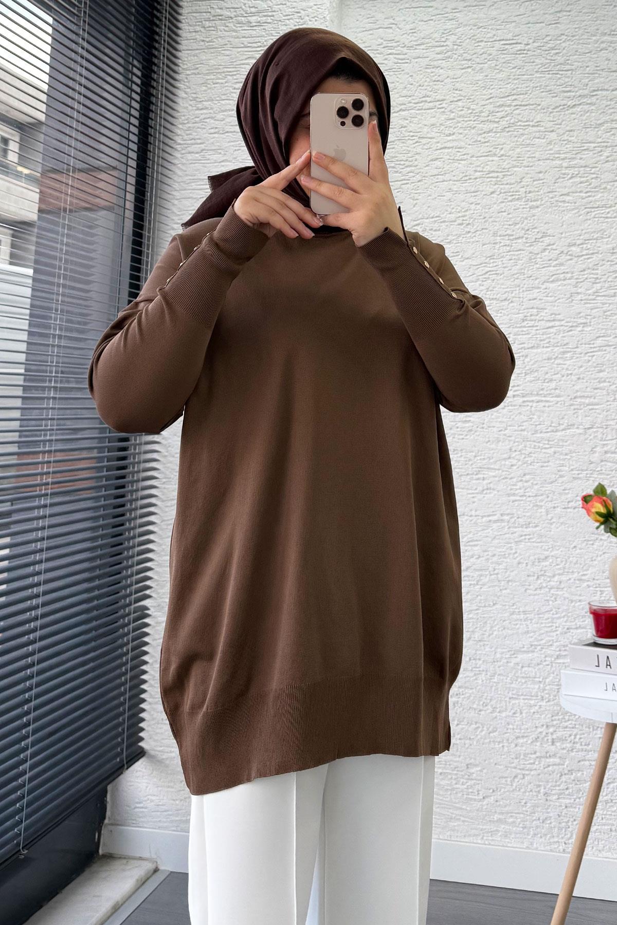 Kolu Düğme Detaylı Merserize Kadın Tunik – Kahverengi