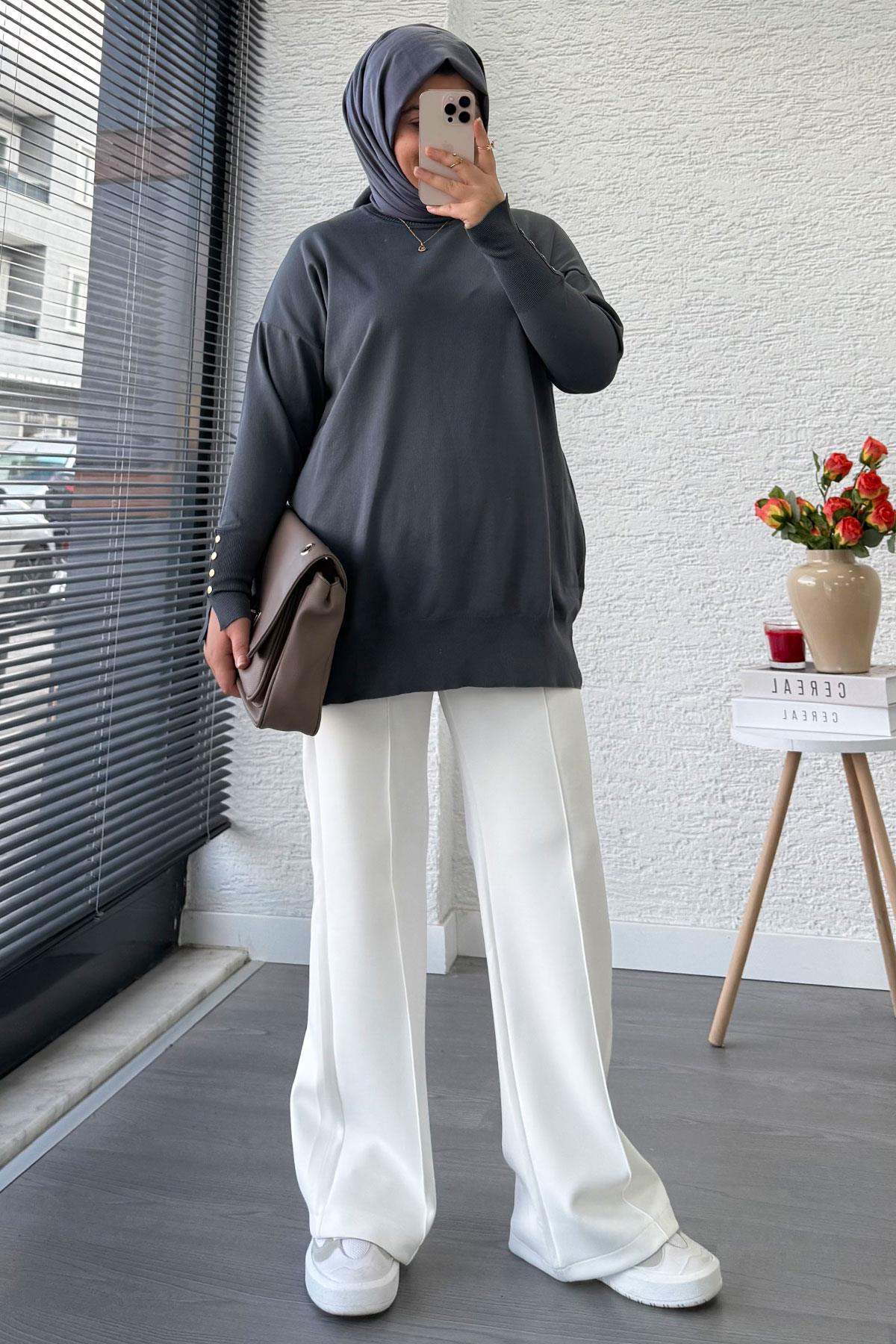 Kolu Düğme Detaylı Merserize Kadın Tunik – Antrasit