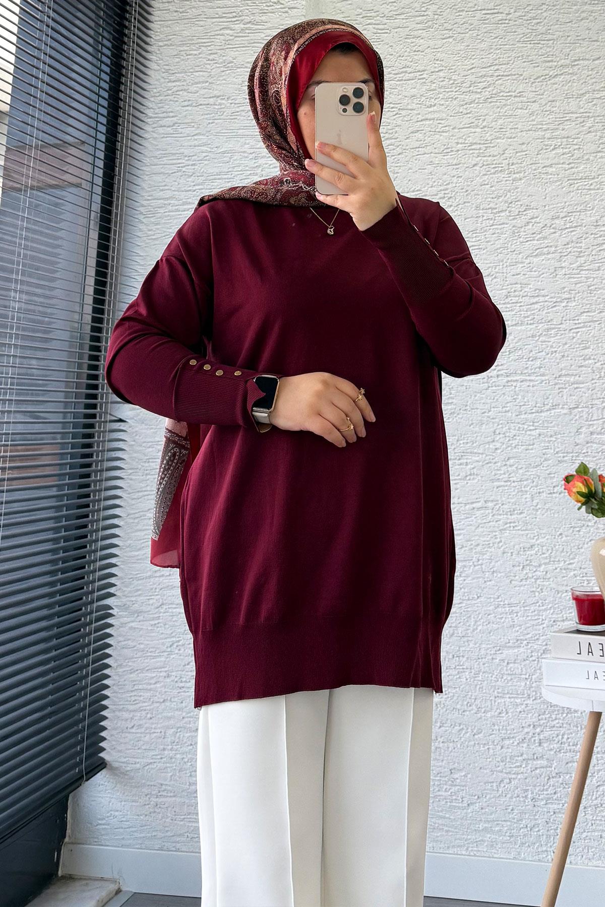 Kolu Düğme Detaylı Merserize Kadın Tunik – Bordo