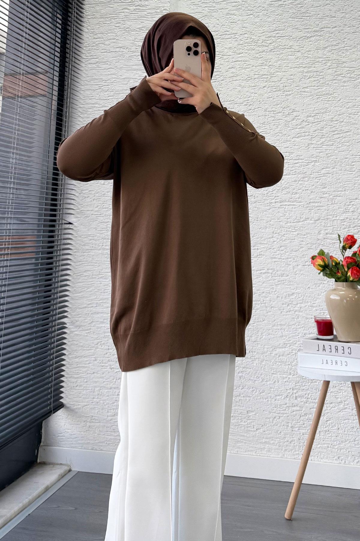 Kolu Düğme Detaylı Merserize Kadın Tunik – Kahverengi