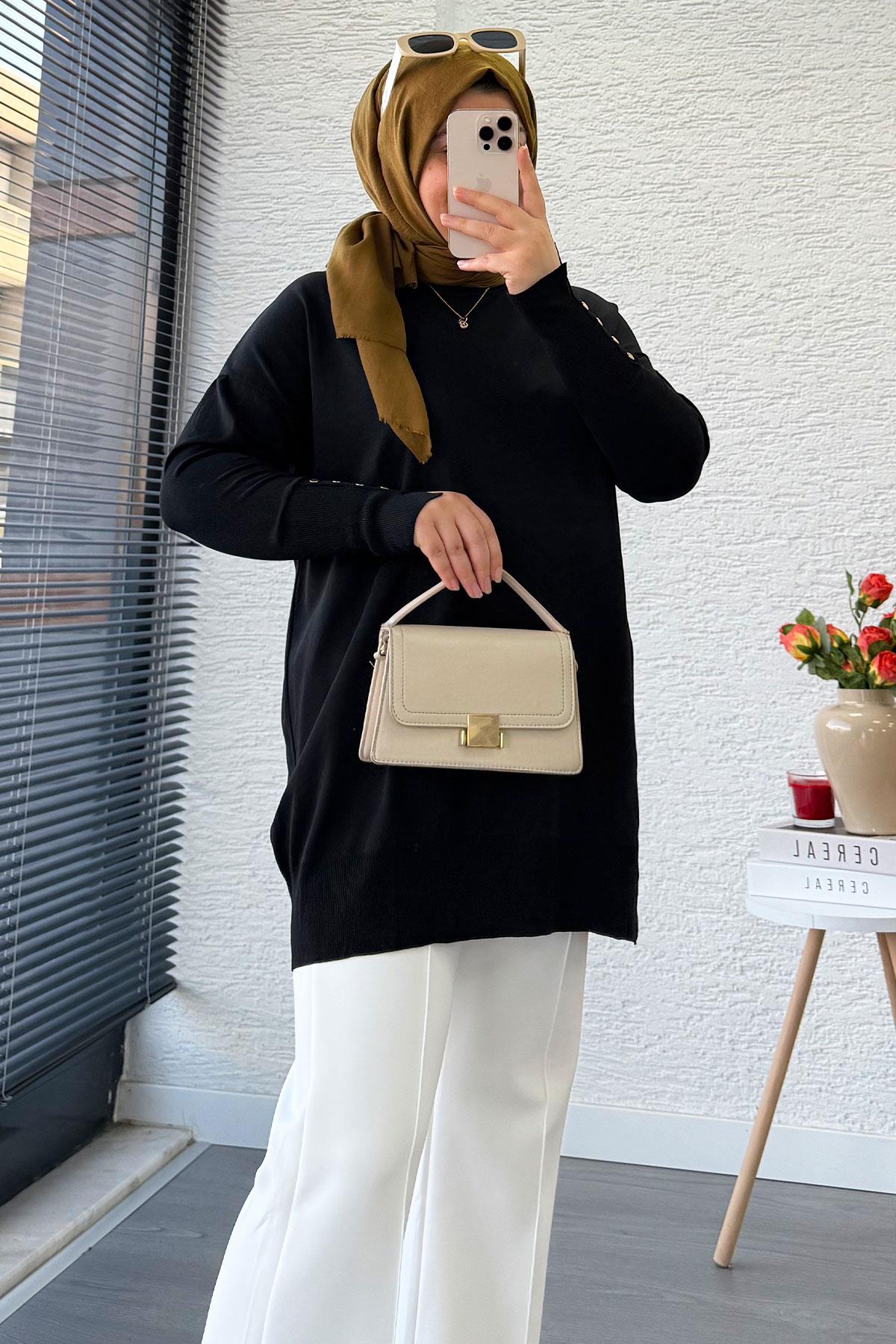 Kolu Düğme Detaylı Merserize Kadın Tunik – Siyah