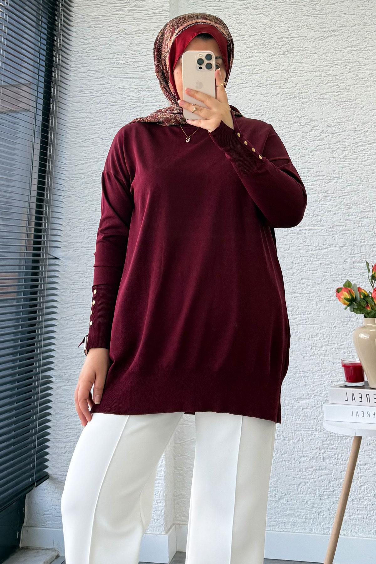Kolu Düğme Detaylı Merserize Kadın Tunik – Bordo