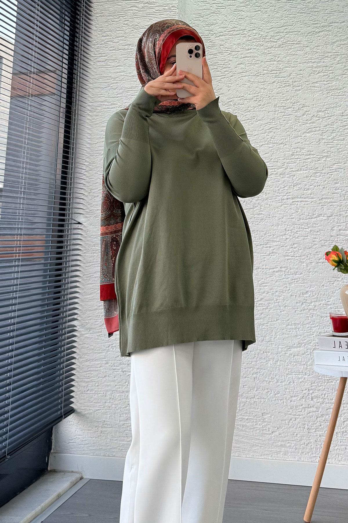 Kolu Düğme Detaylı Merserize Kadın Tunik – Haki