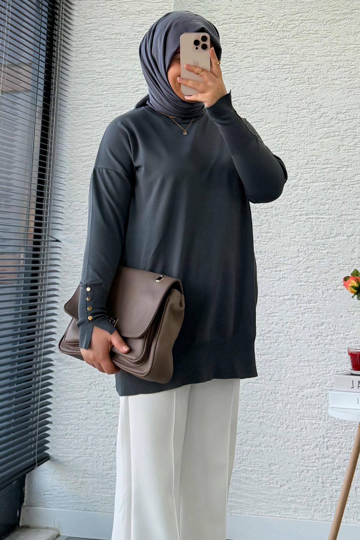 Kolu Düğme Detaylı Merserize Kadın Tunik – Antrasit