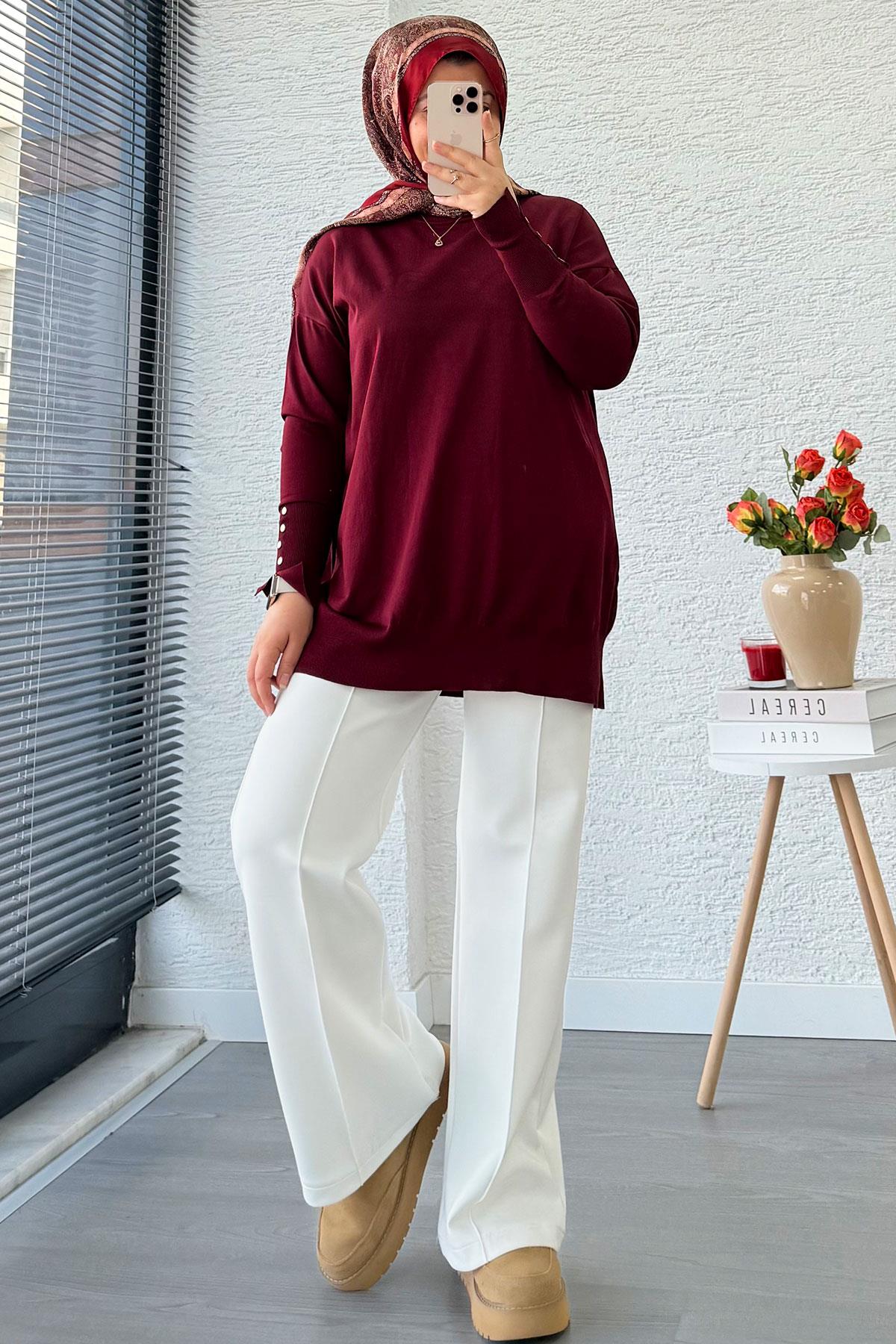 Kolu Düğme Detaylı Merserize Kadın Tunik – Bordo