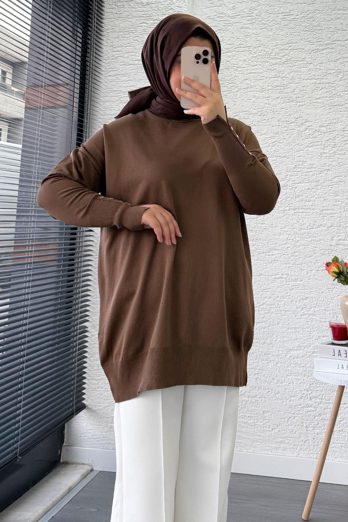 Kolu Düğme Detaylı Merserize Kadın Tunik – Kahverengi