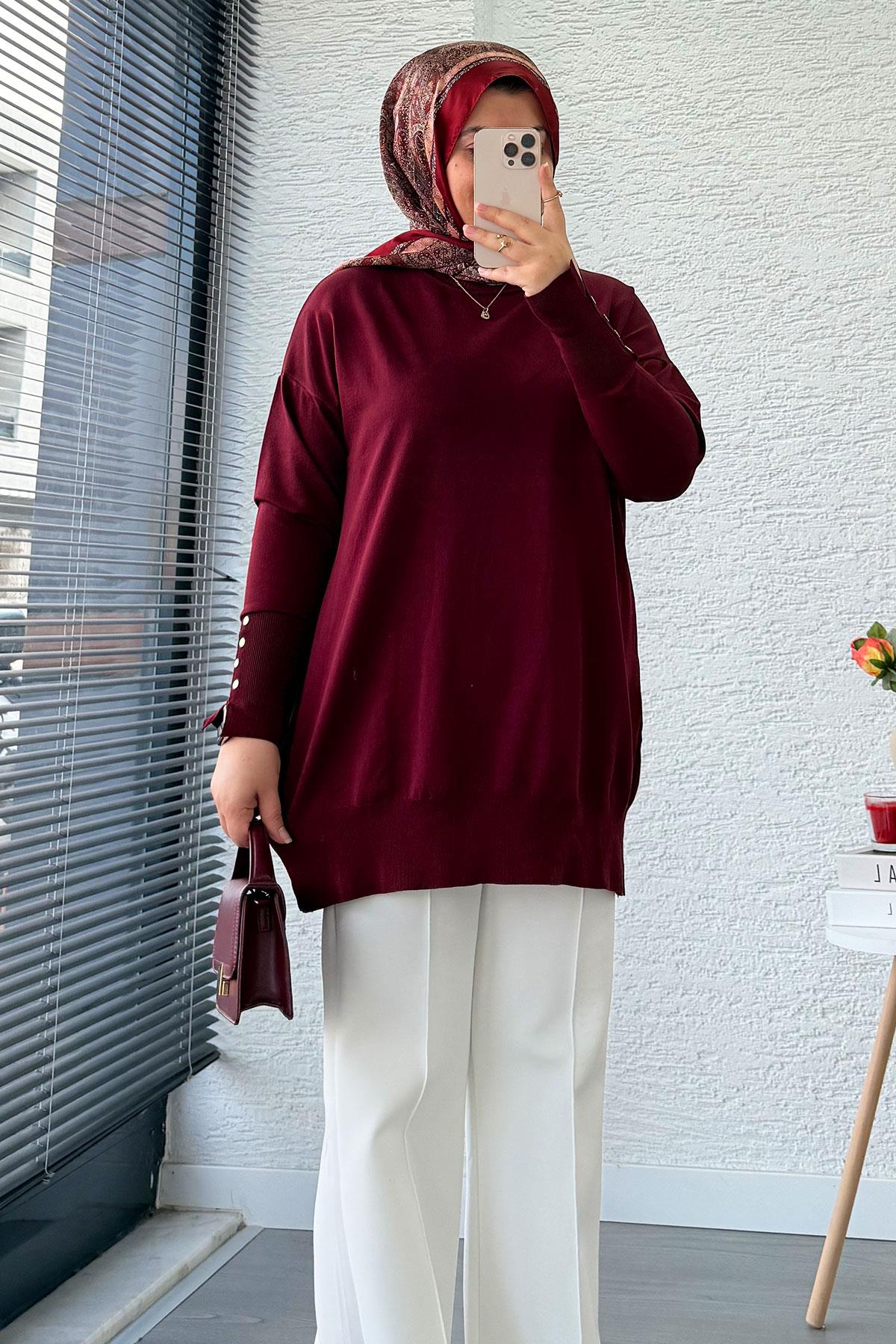 Kolu Düğme Detaylı Merserize Kadın Tunik – Bordo