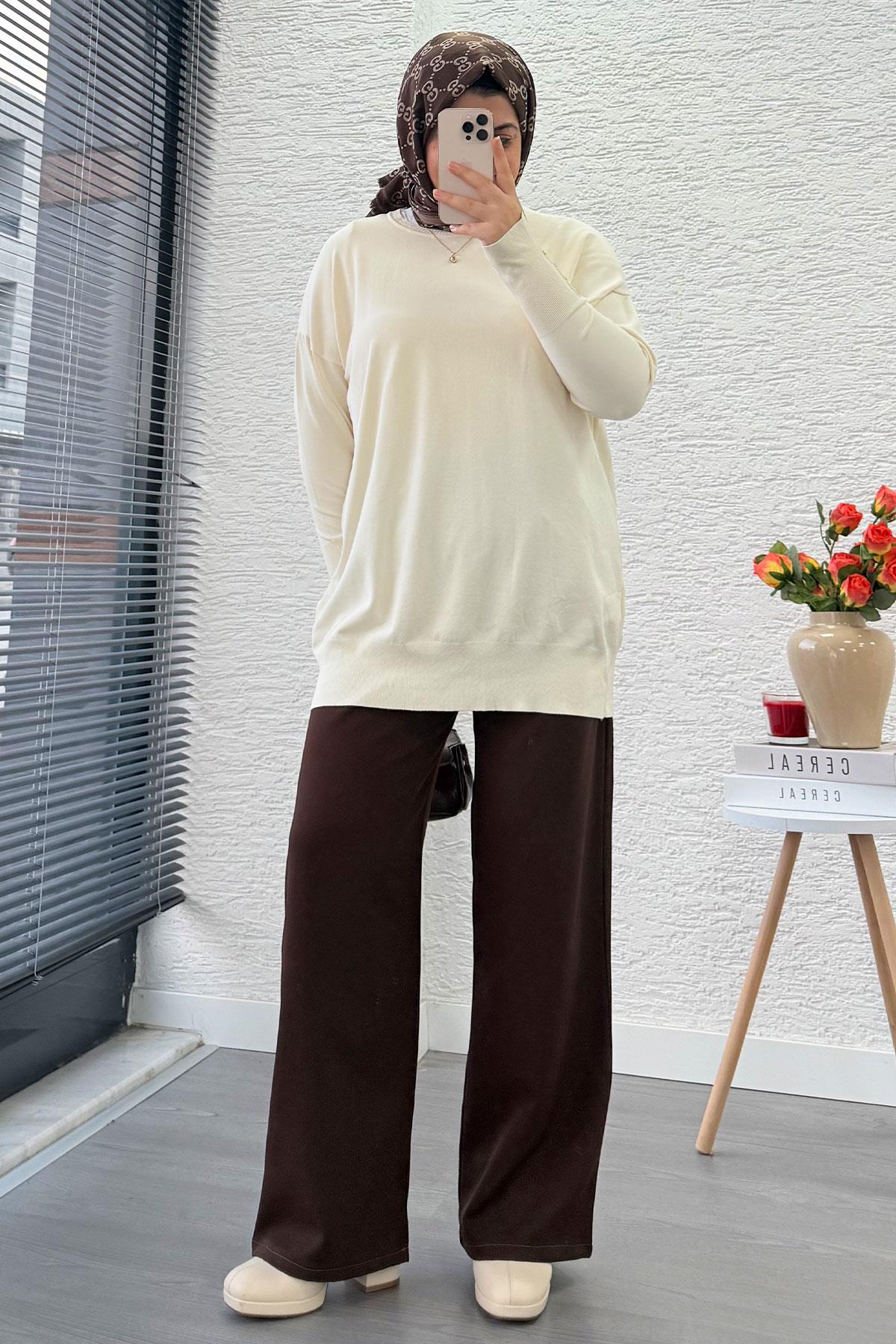 Kolu Düğme Detaylı Merserize Kadın Tunik –Ekru