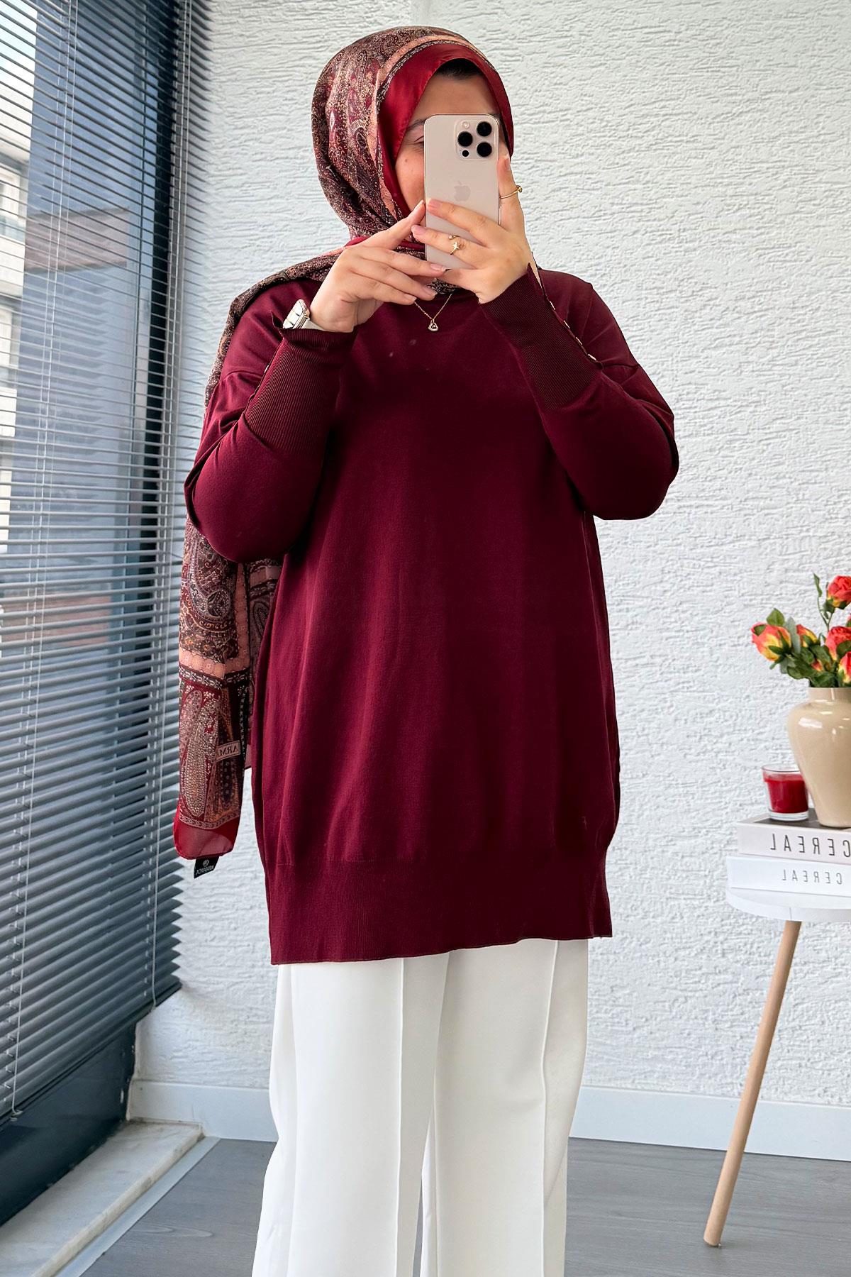 Kolu Düğme Detaylı Merserize Kadın Tunik – Bordo