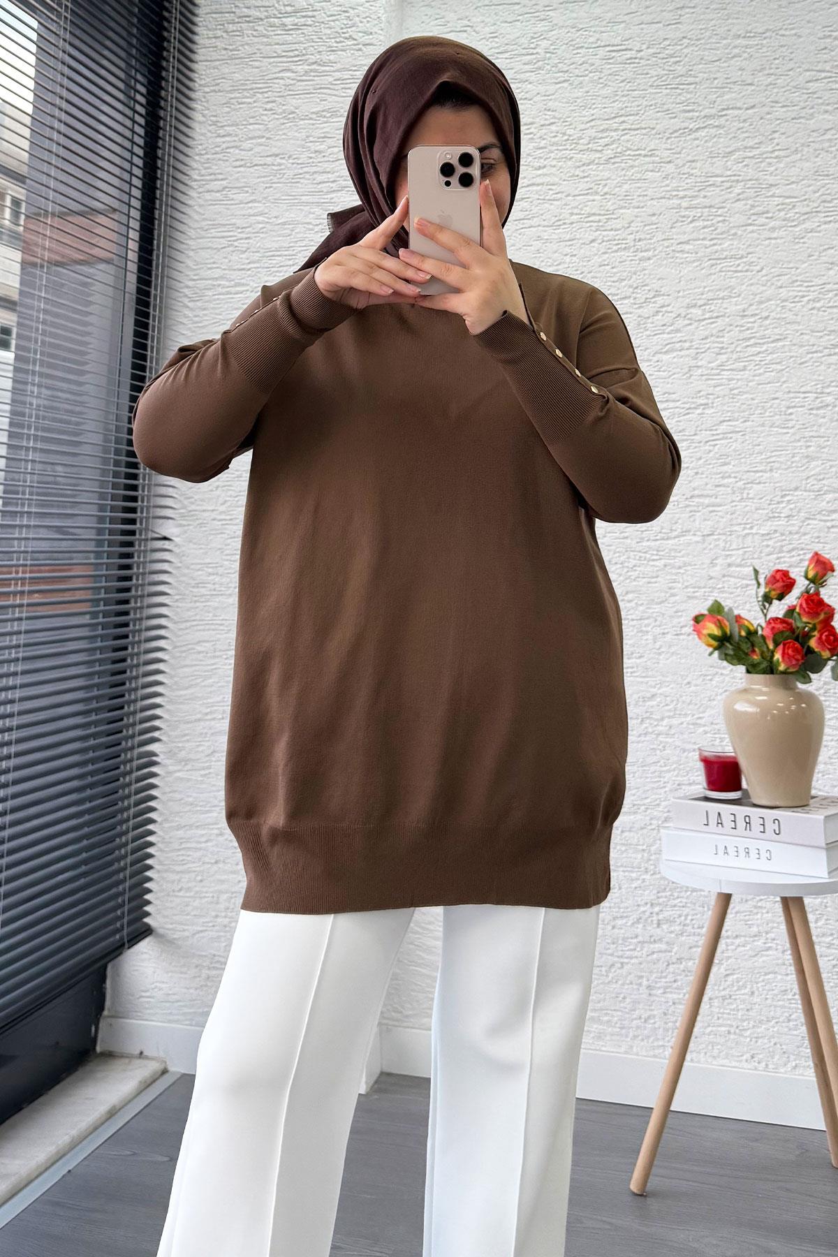 Kolu Düğme Detaylı Merserize Kadın Tunik – Kahverengi