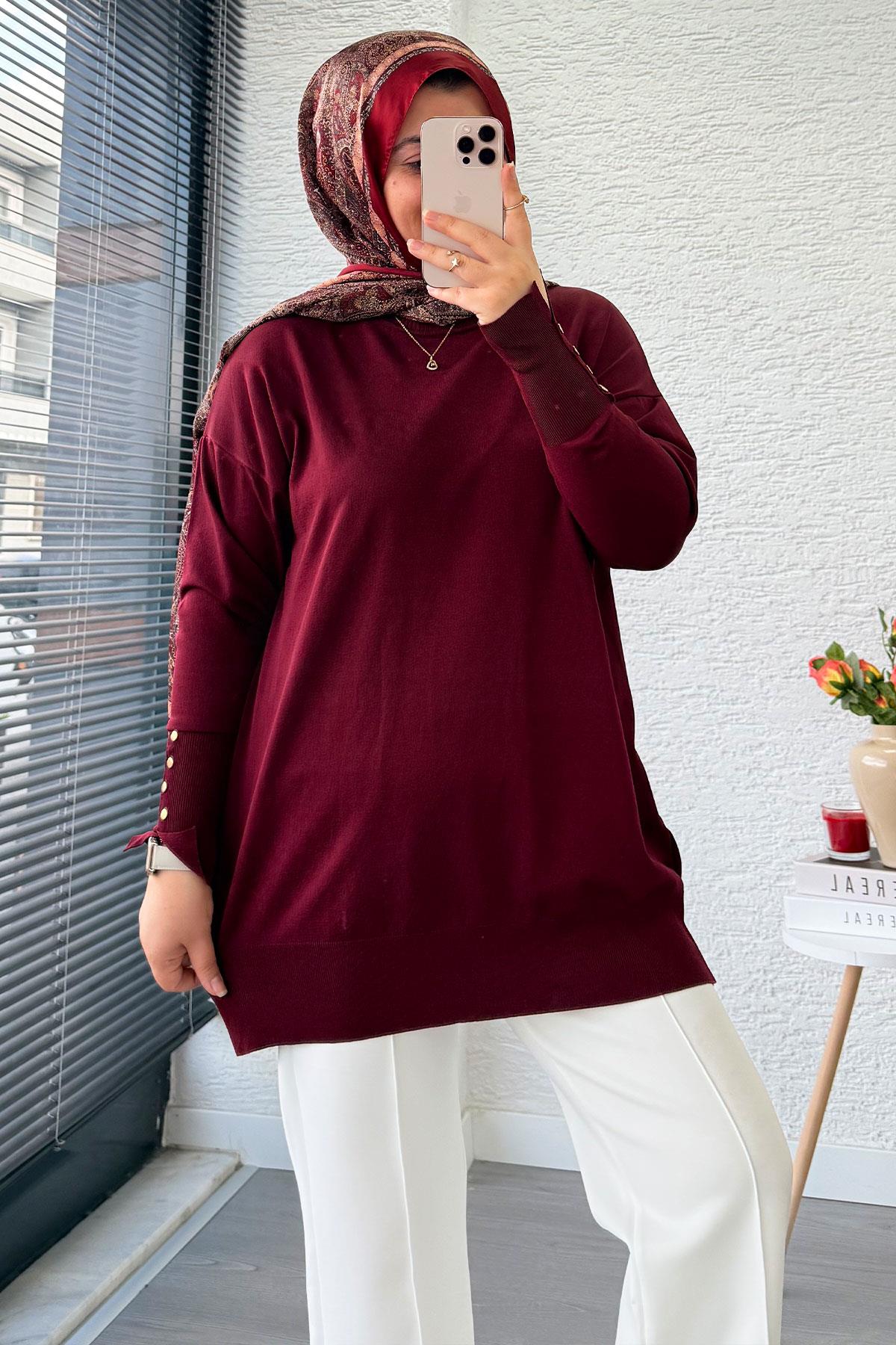 Kolu Düğme Detaylı Merserize Kadın Tunik – Bordo