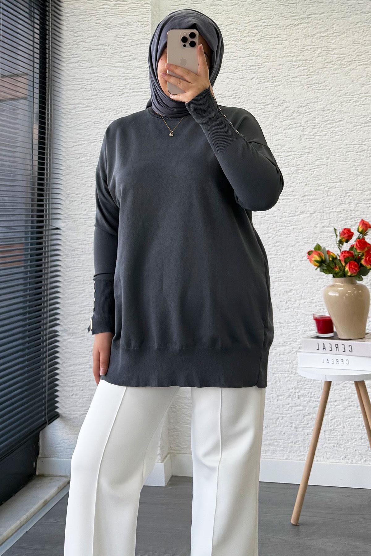 Kolu Düğme Detaylı Merserize Kadın Tunik – Antrasit