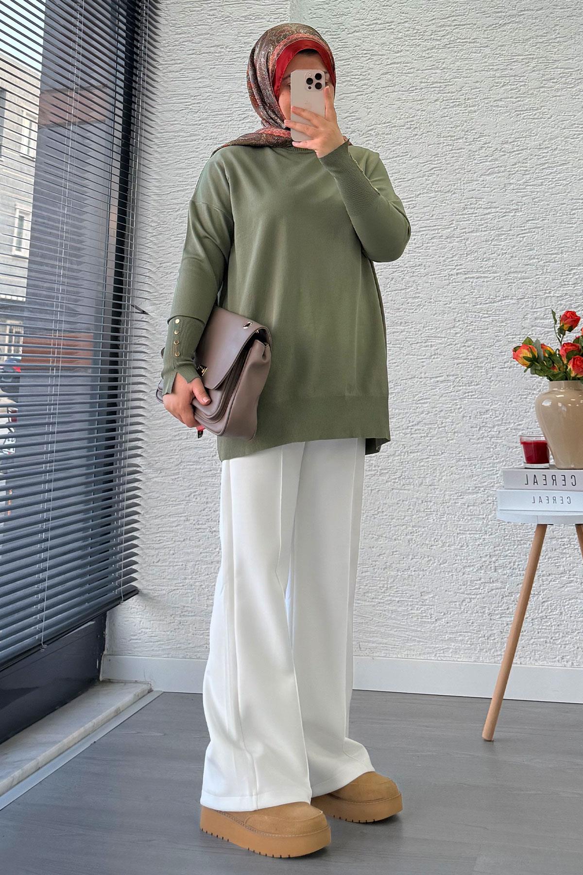 Kolu Düğme Detaylı Merserize Kadın Tunik – Haki