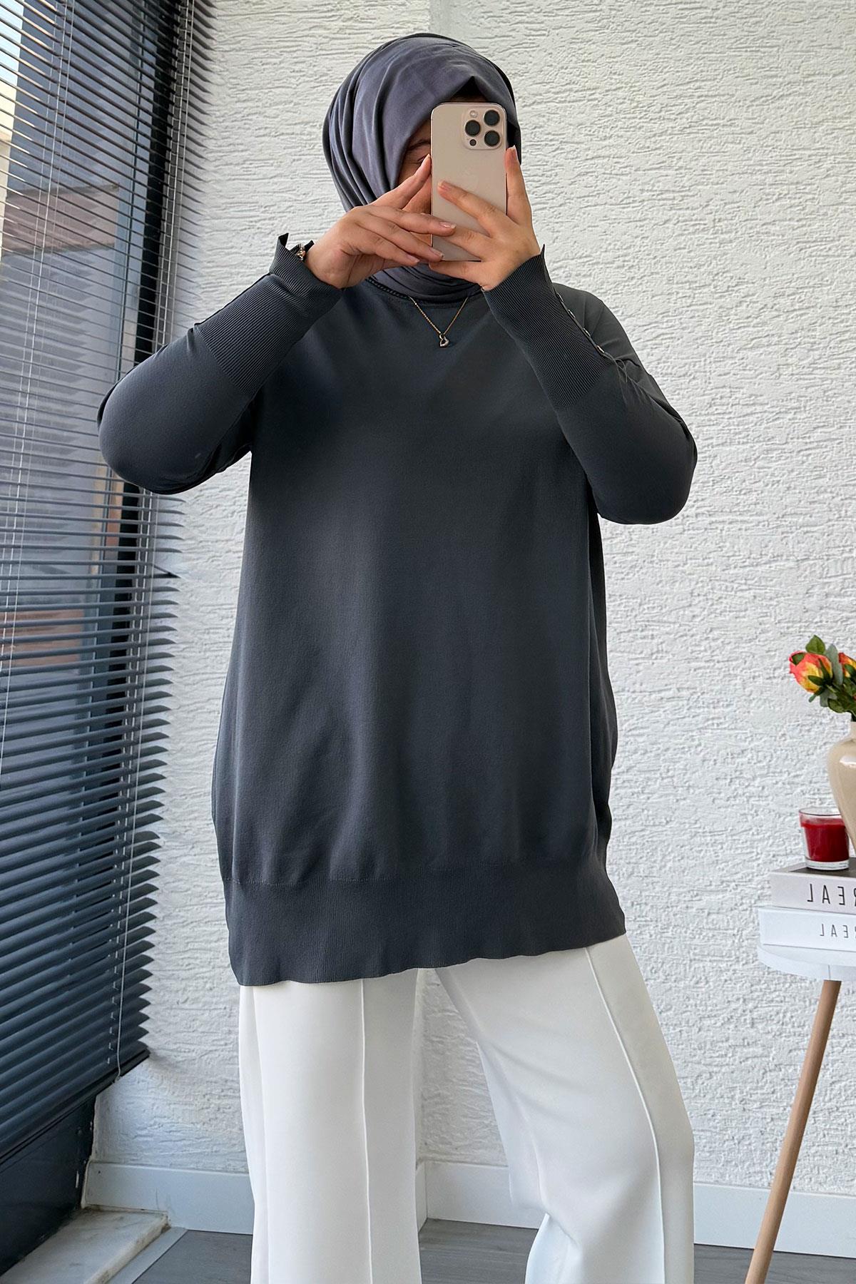 Kolu Düğme Detaylı Merserize Kadın Tunik – Antrasit