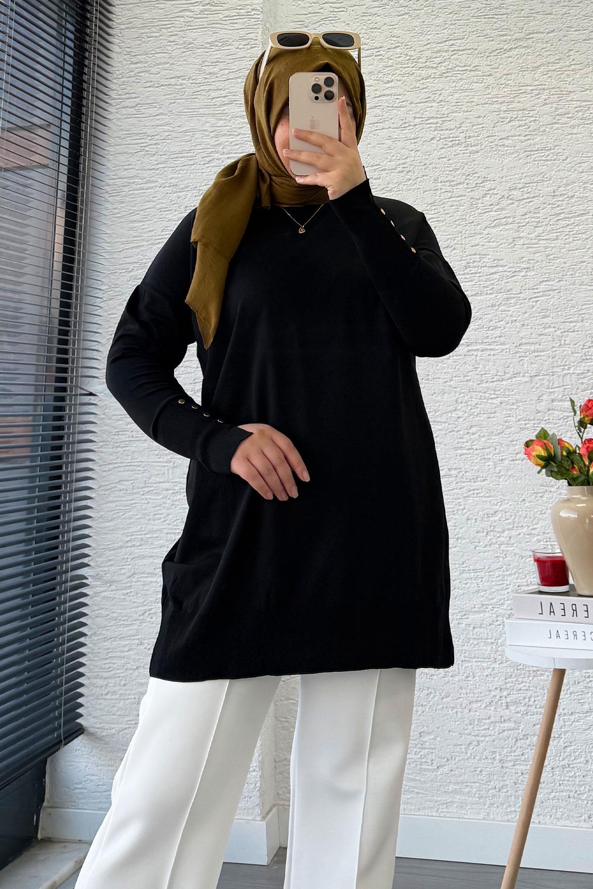 Kolu Düğme Detaylı Merserize Kadın Tunik – Siyah