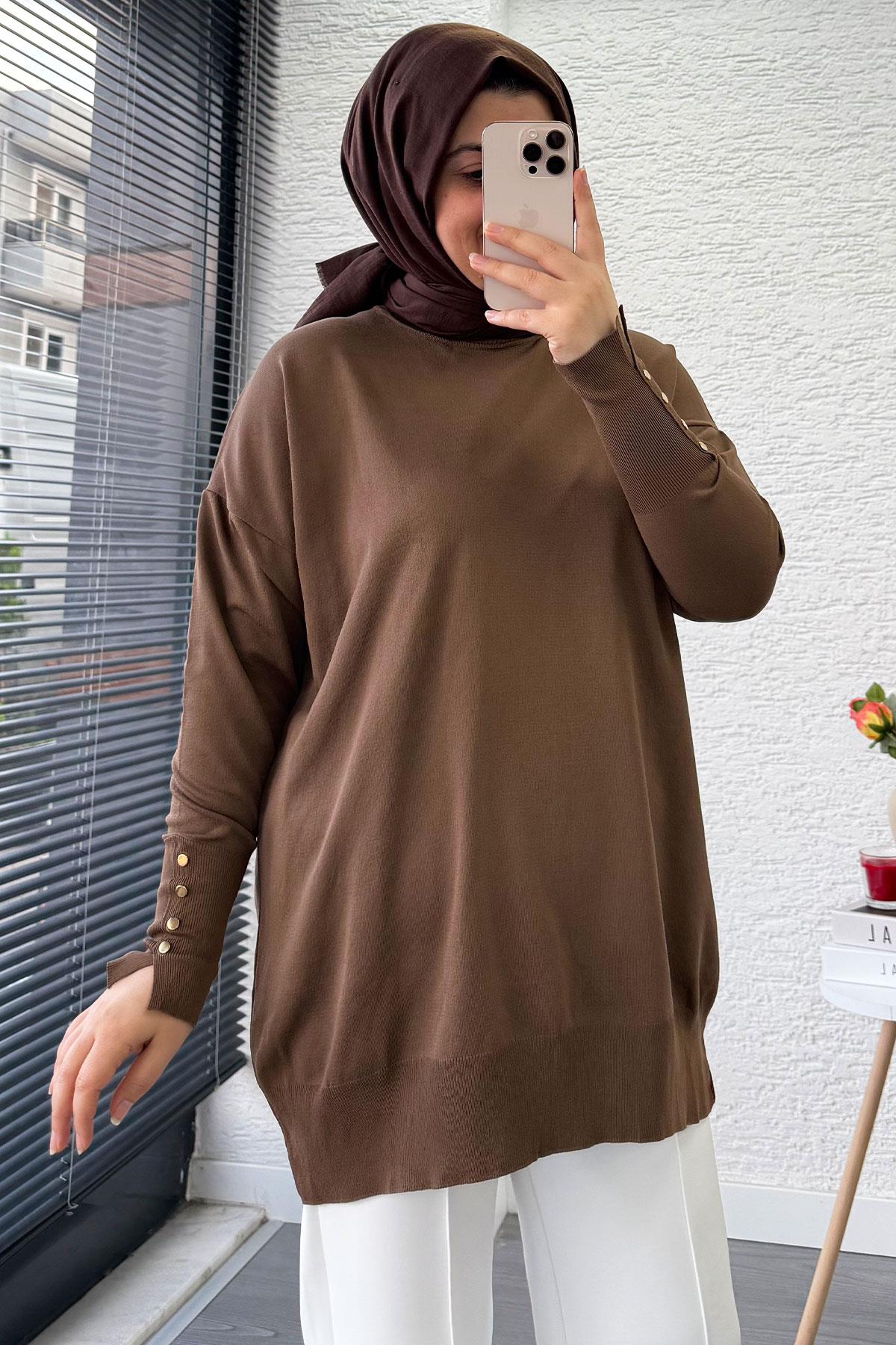 Kolu Düğme Detaylı Merserize Kadın Tunik – Kahverengi