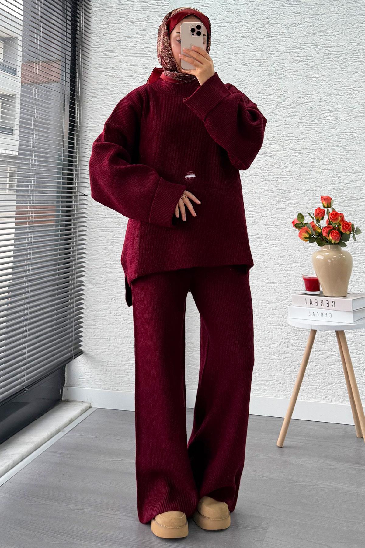 Kolu Katlı Yırtık Detaylı Tasarım Triko Takım – Bordo