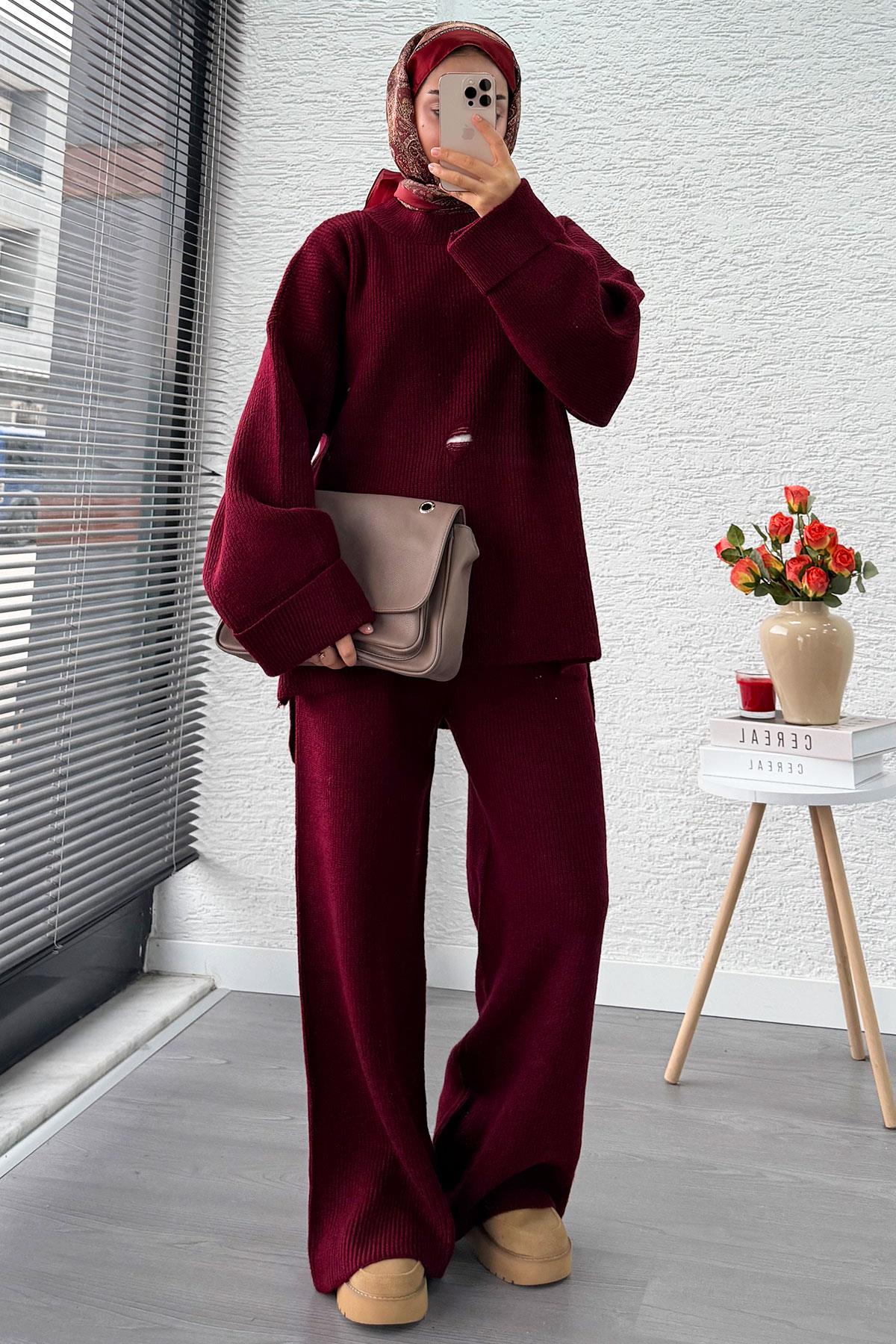 Kolu Katlı Yırtık Detaylı Tasarım Triko Takım – Bordo