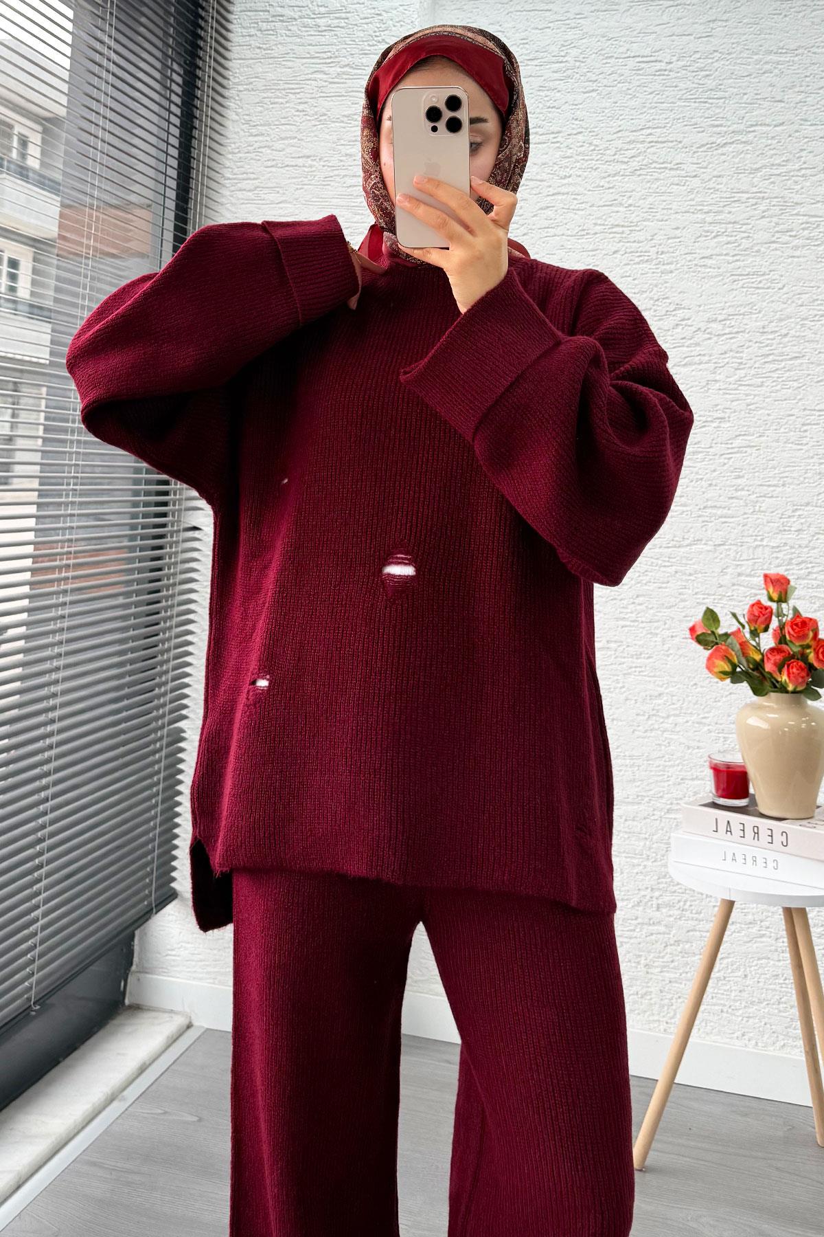 Kolu Katlı Yırtık Detaylı Tasarım Triko Takım – Bordo