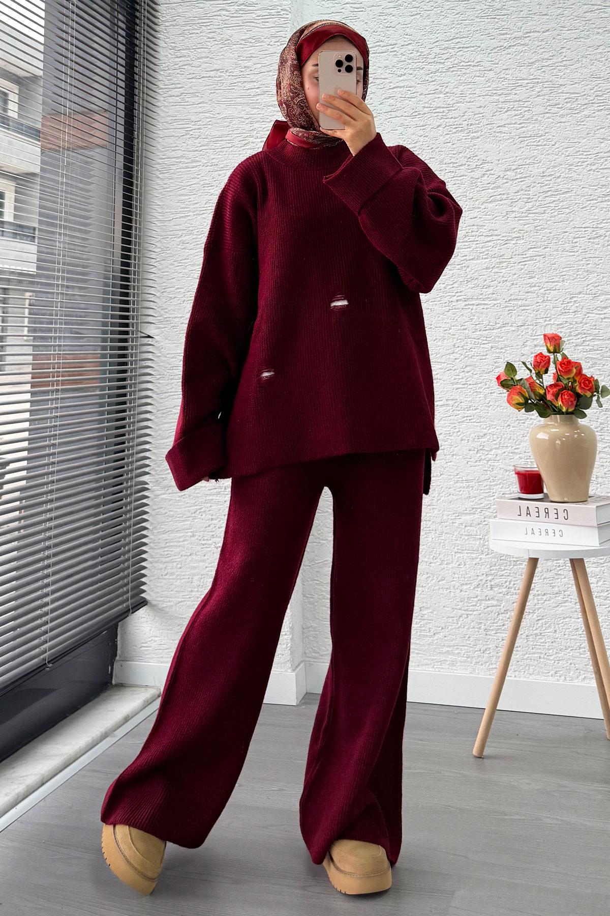 Kolu Katlı Yırtık Detaylı Tasarım Triko Takım – Bordo