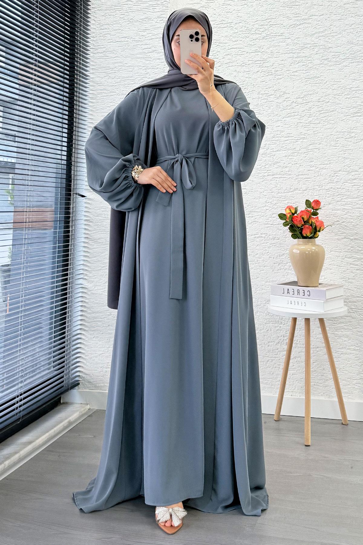 Kolu Lastikli İkili Abaya Takım – Gri