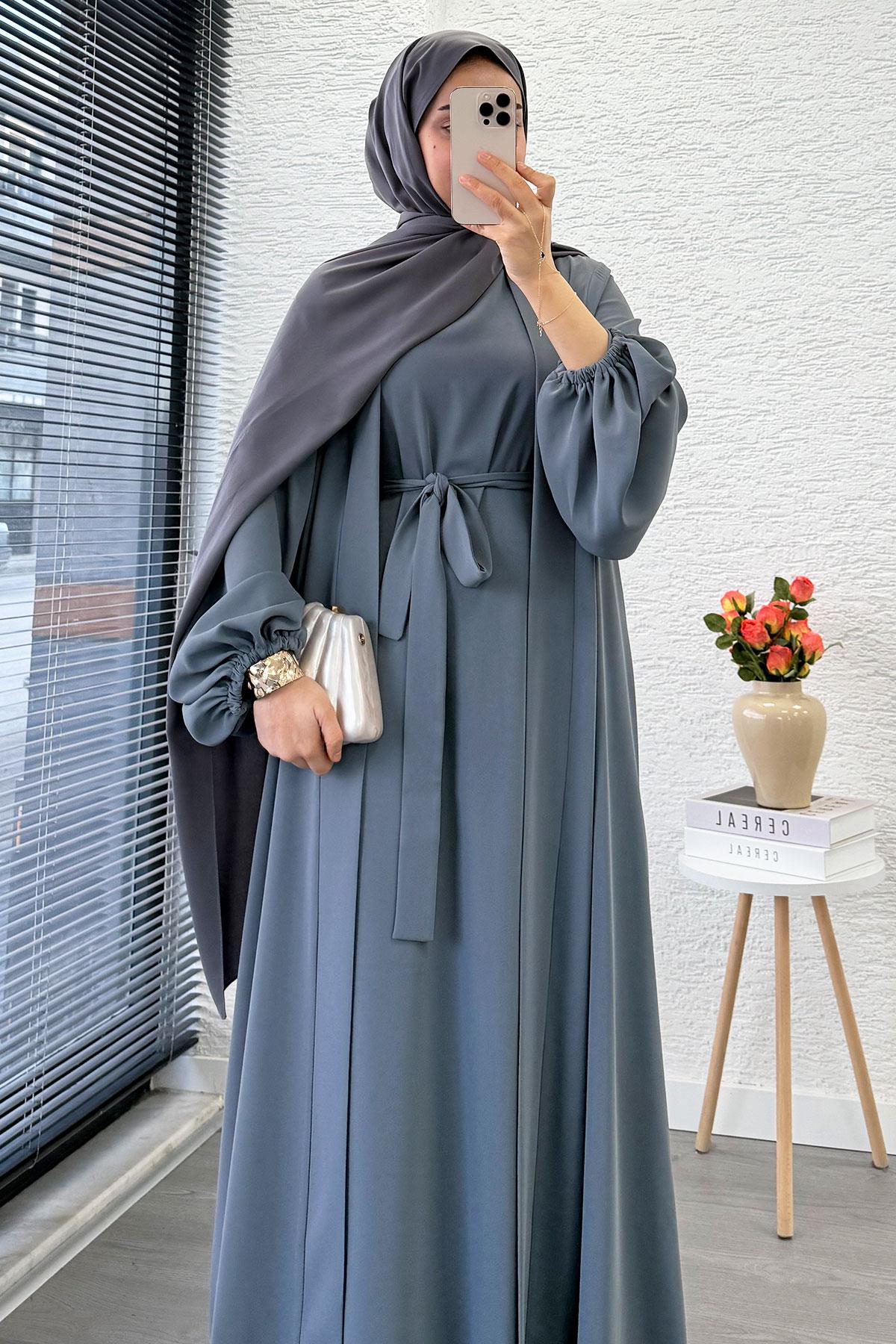Kolu Lastikli İkili Abaya Takım – Gri