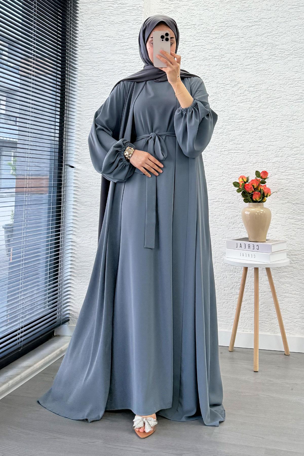Kolu Lastikli İkili Abaya Takım – Gri