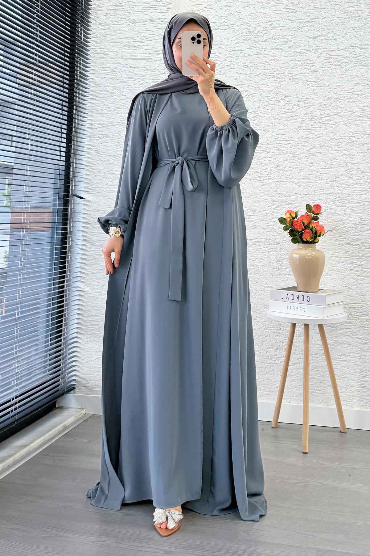 Kolu Lastikli İkili Abaya Takım – Gri