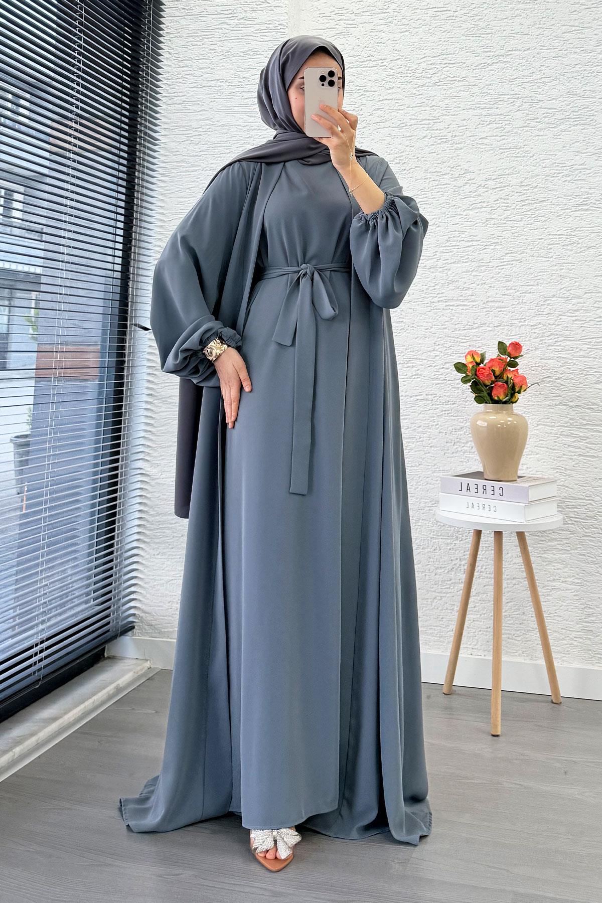 Kolu Lastikli İkili Abaya Takım – Gri
