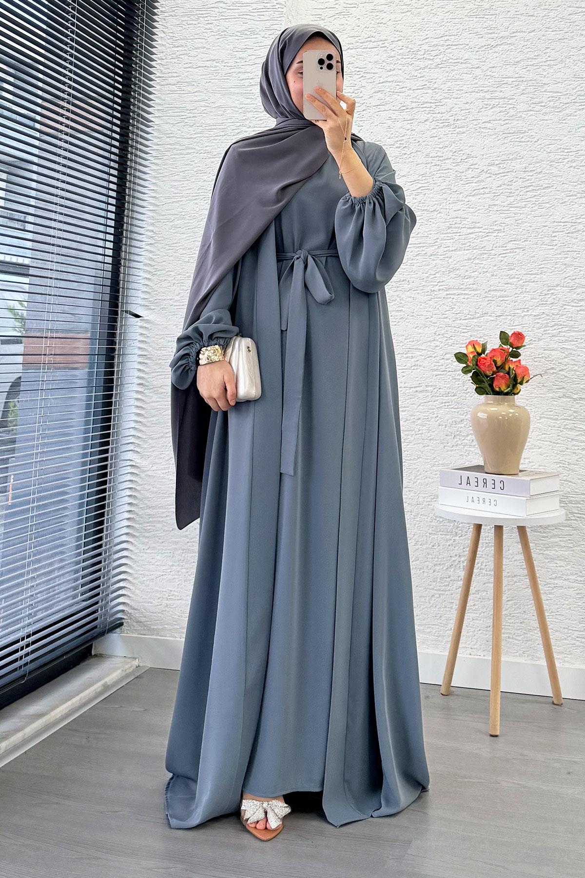 Kolu Lastikli İkili Abaya Takım – Gri