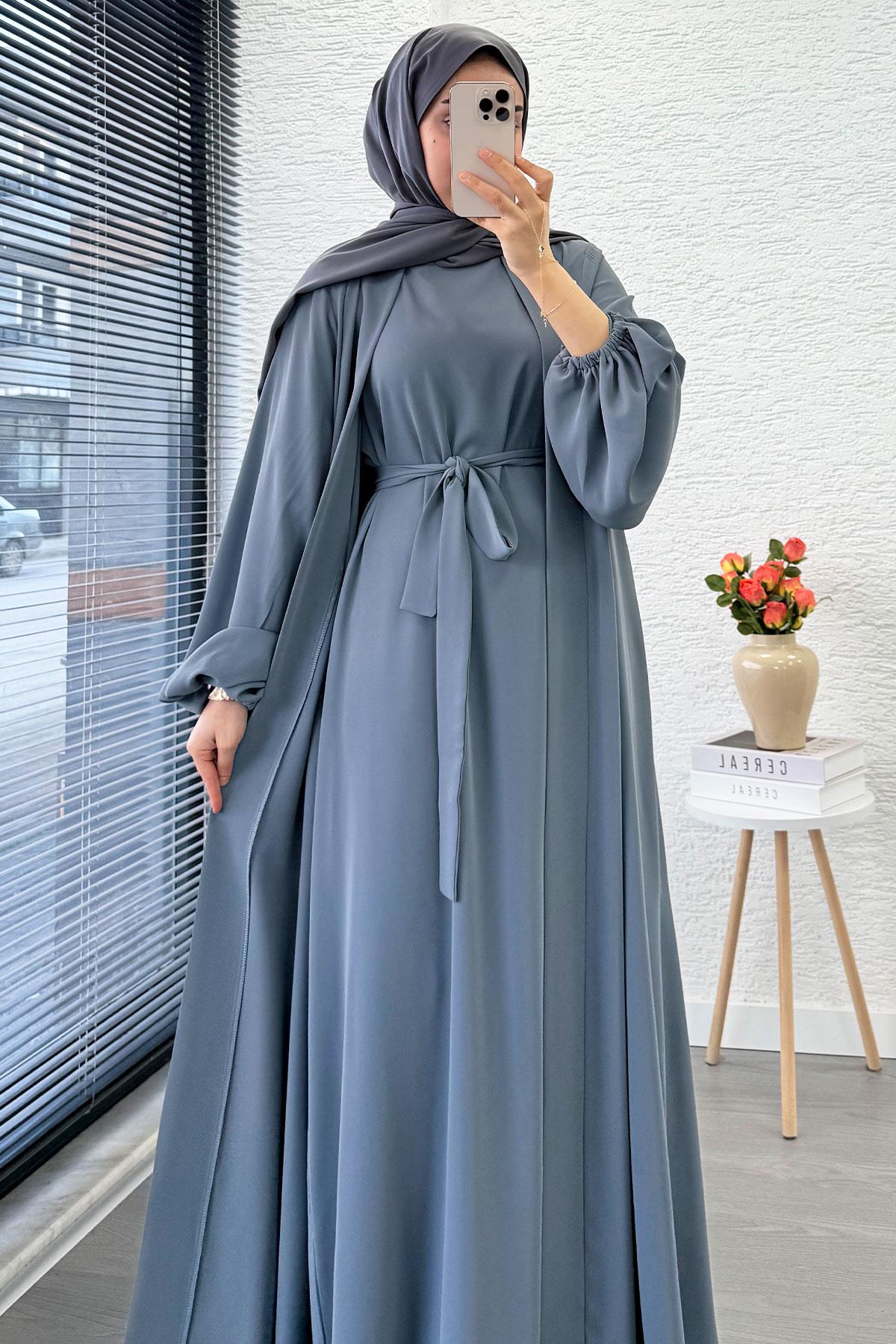 Kolu Lastikli İkili Abaya Takım – Gri