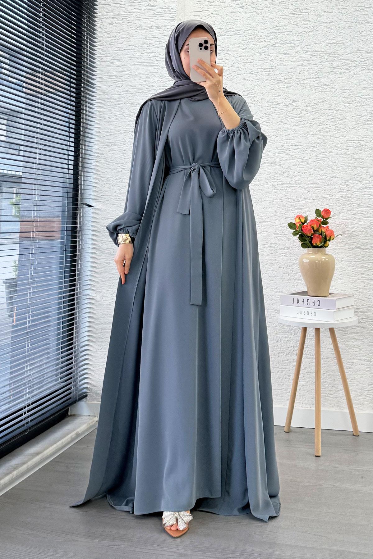 Kolu Lastikli İkili Abaya Takım – Gri