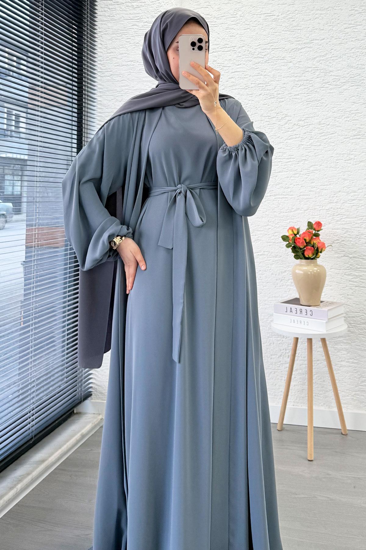 Kolu Lastikli İkili Abaya Takım – Gri