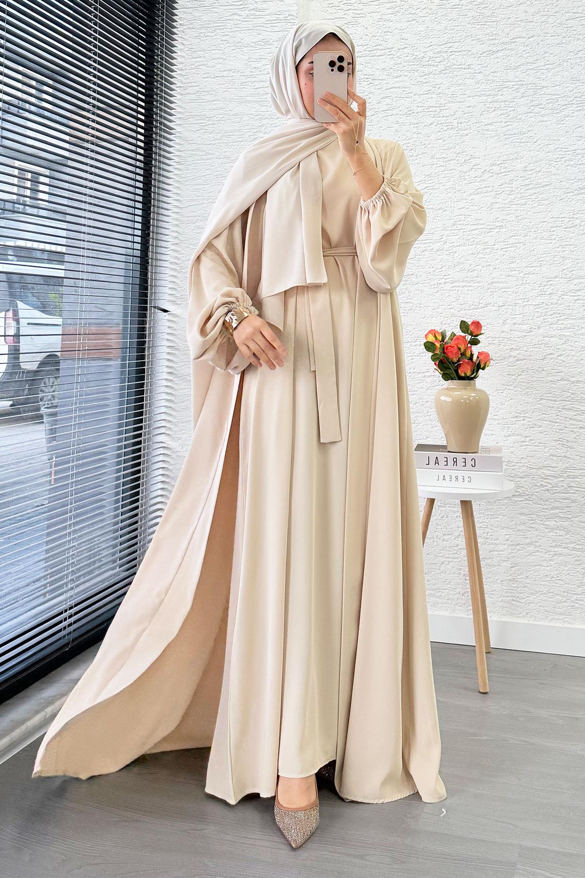 Kolu Lastikli İkili Abaya Takım – Krem