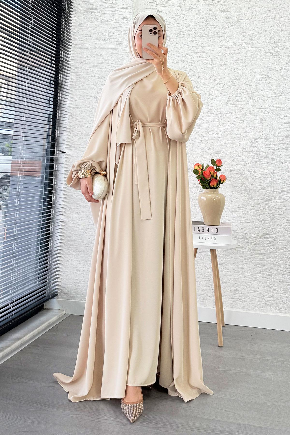 Kolu Lastikli İkili Abaya Takım – Krem