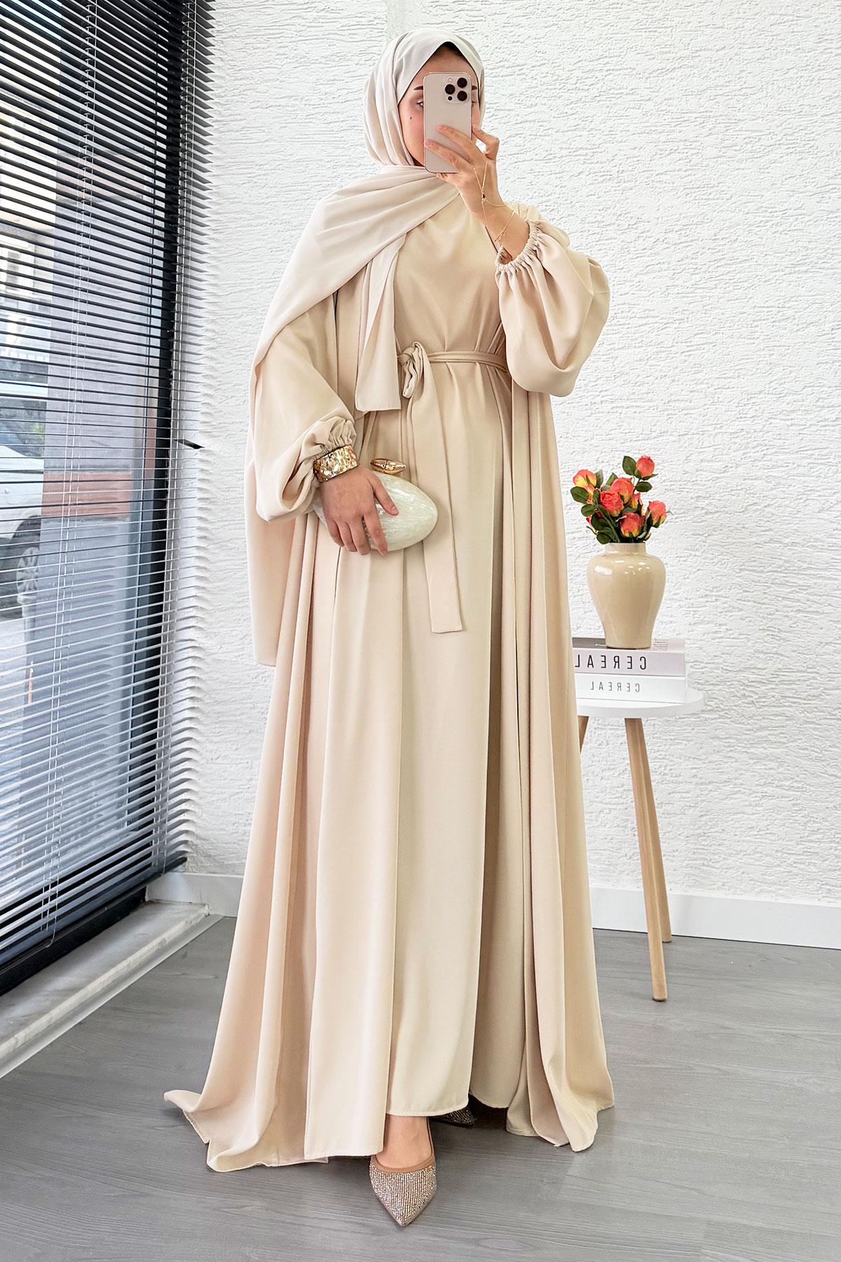 Kolu Lastikli İkili Abaya Takım – Krem