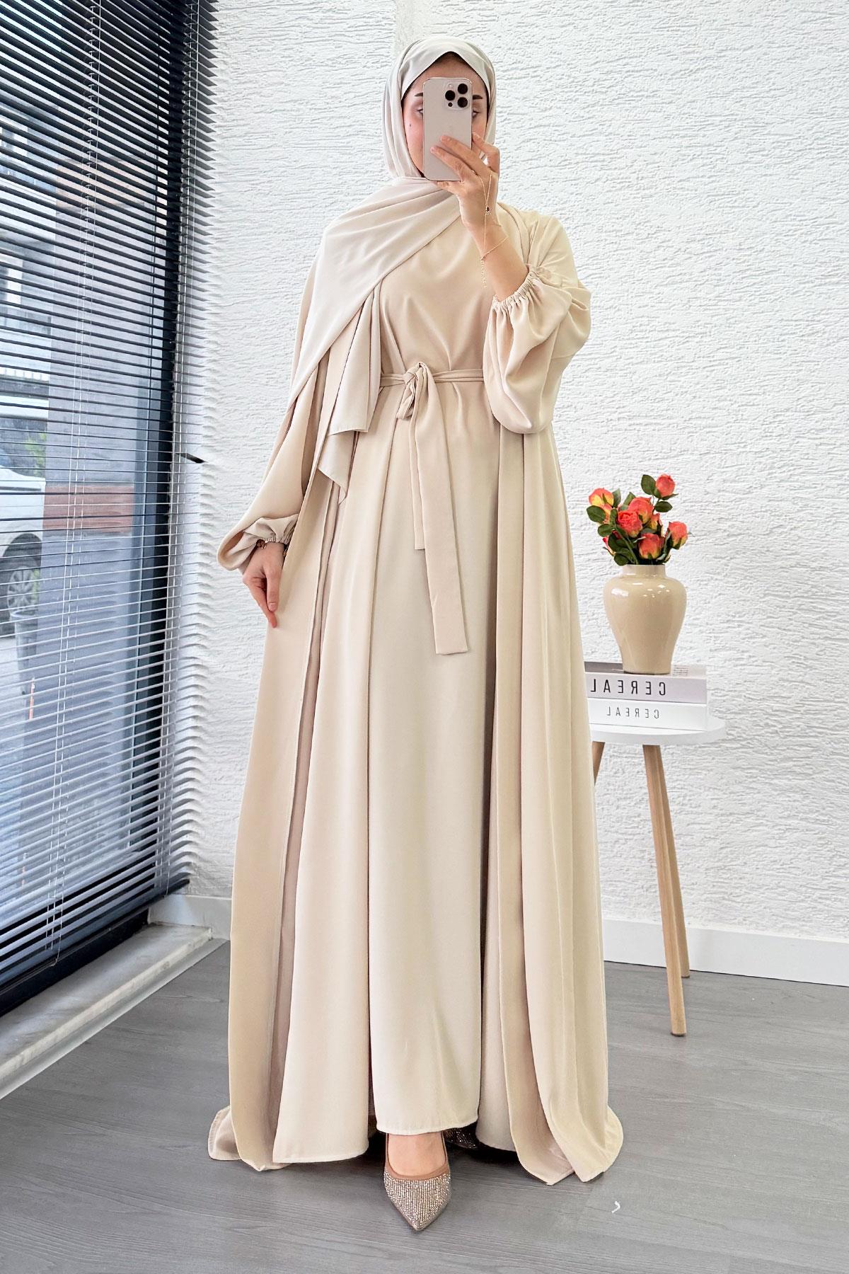 Kolu Lastikli İkili Abaya Takım – Krem