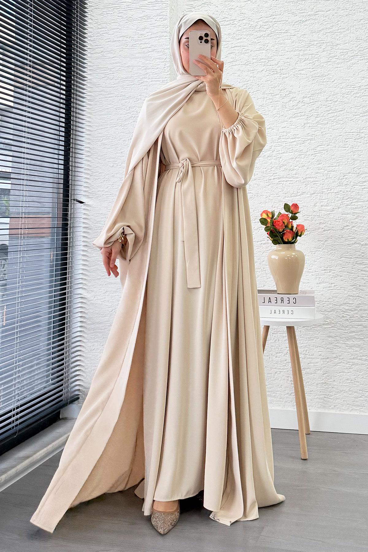 Kolu Lastikli İkili Abaya Takım – Krem