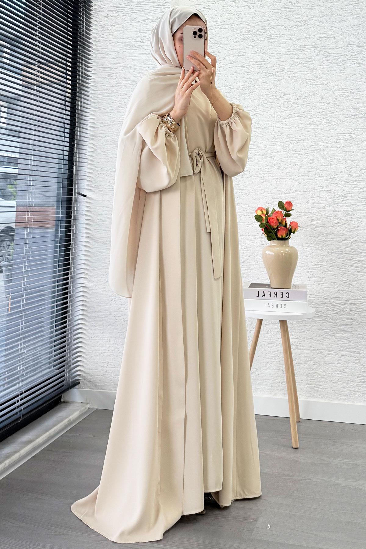 Kolu Lastikli İkili Abaya Takım – Krem